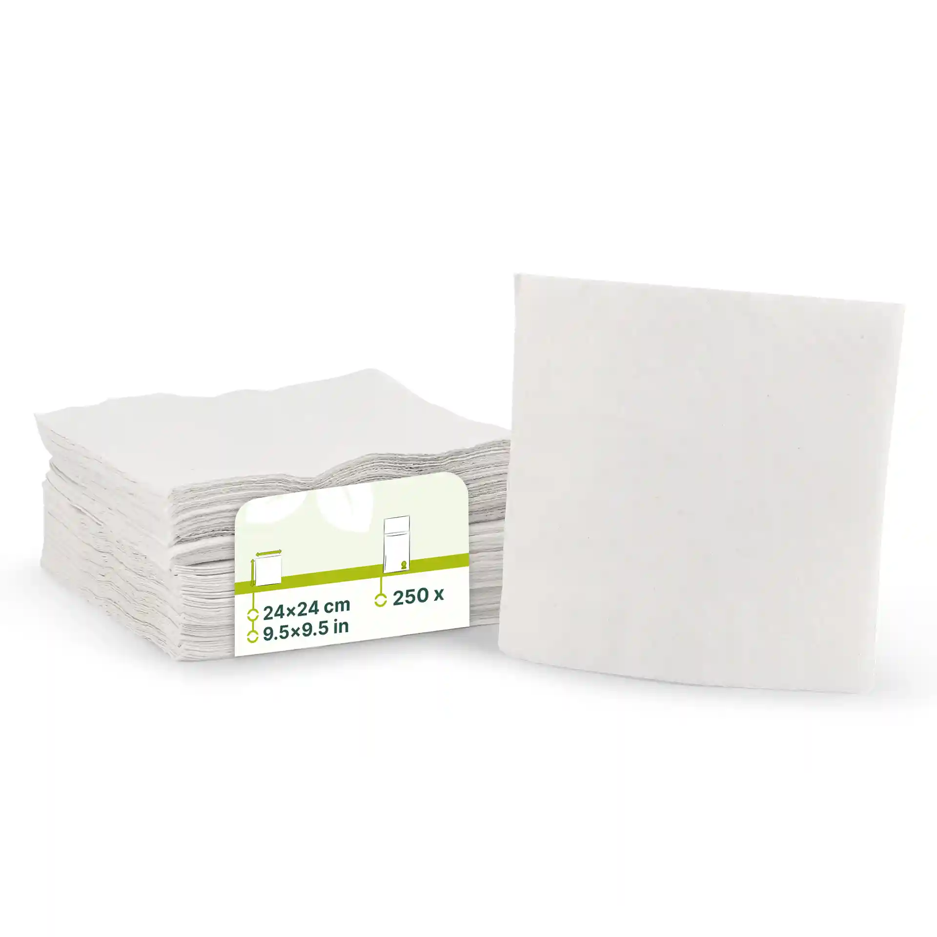 Stack of white 2-ply cocktail napkins, 24 x 24 cm, with a label showing dimensions and quantity of 250.