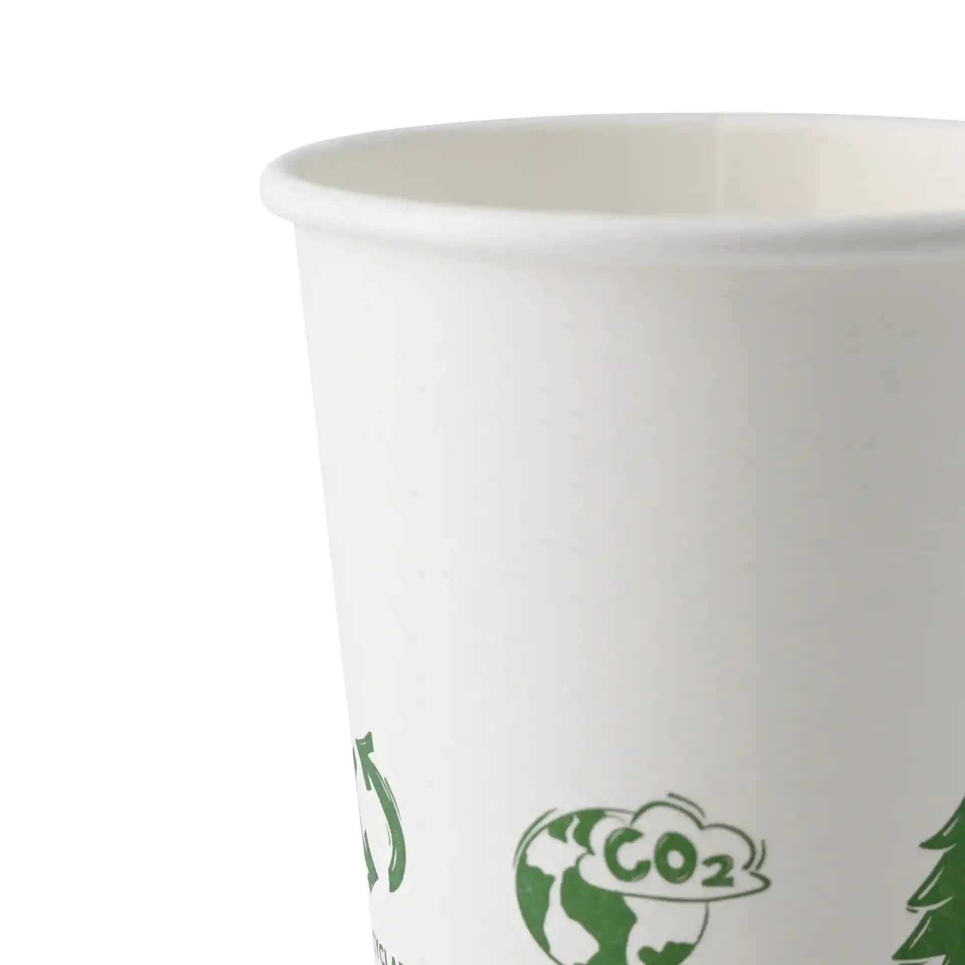 White paper cup with a diameter of 62 mm, featuring green “EcoUp©” icons and a PLA coating.