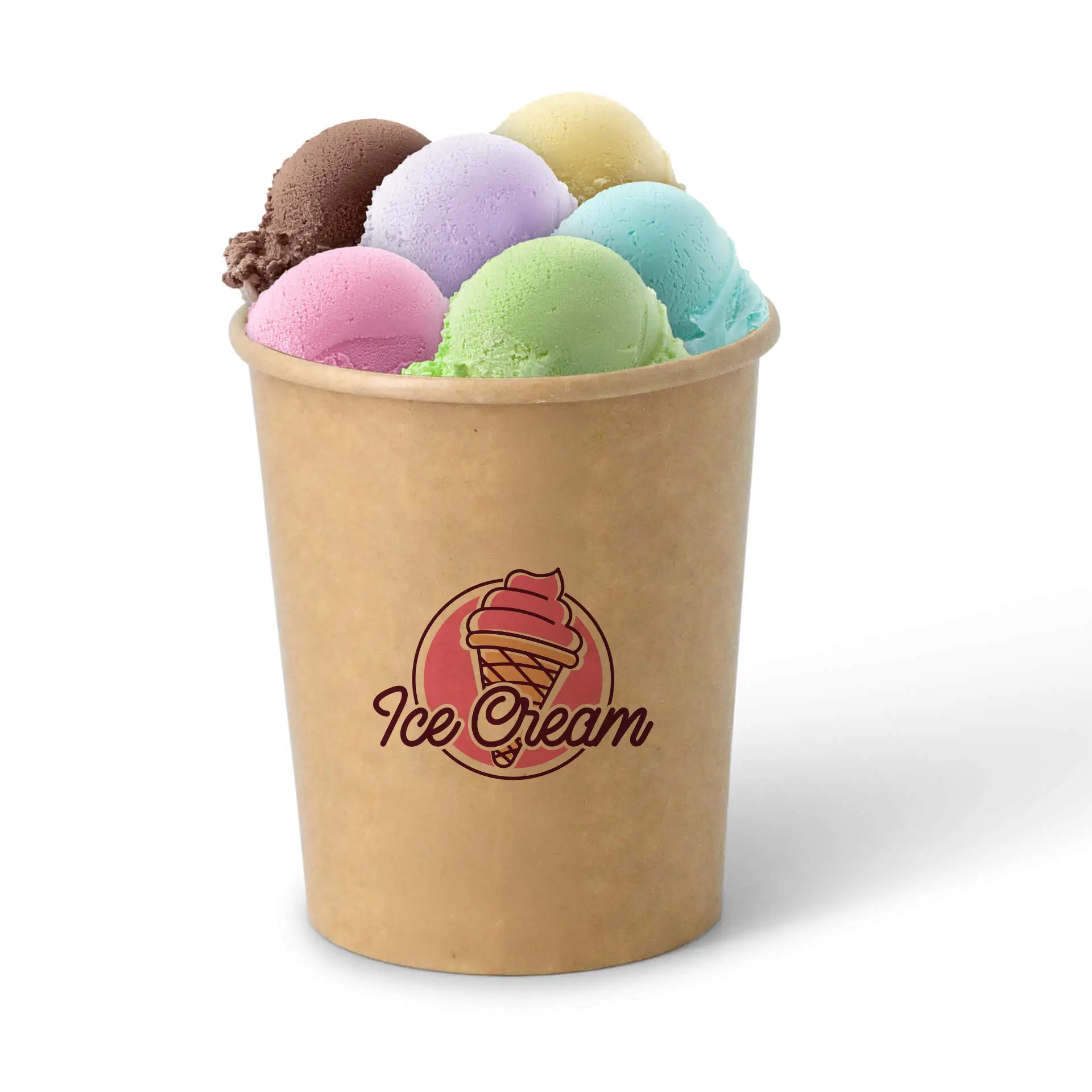 Cup filled with multiple colorful ice cream scoops, featuring a printed logo reading "Ice Cream."