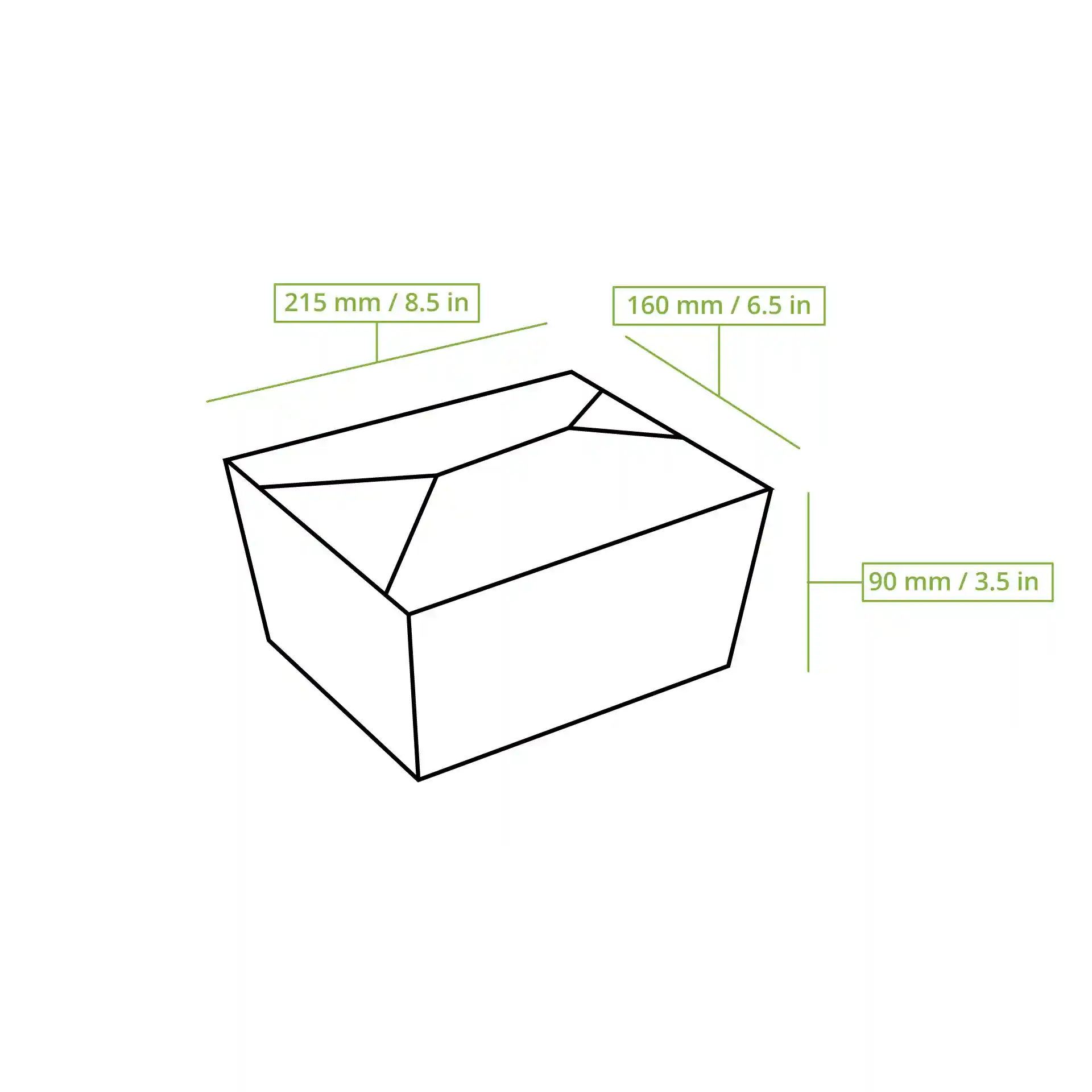 Schematic drawing of a rectangular take-away box with dimensions labeled: 215 mm length, 160 mm width, and 90 mm height.