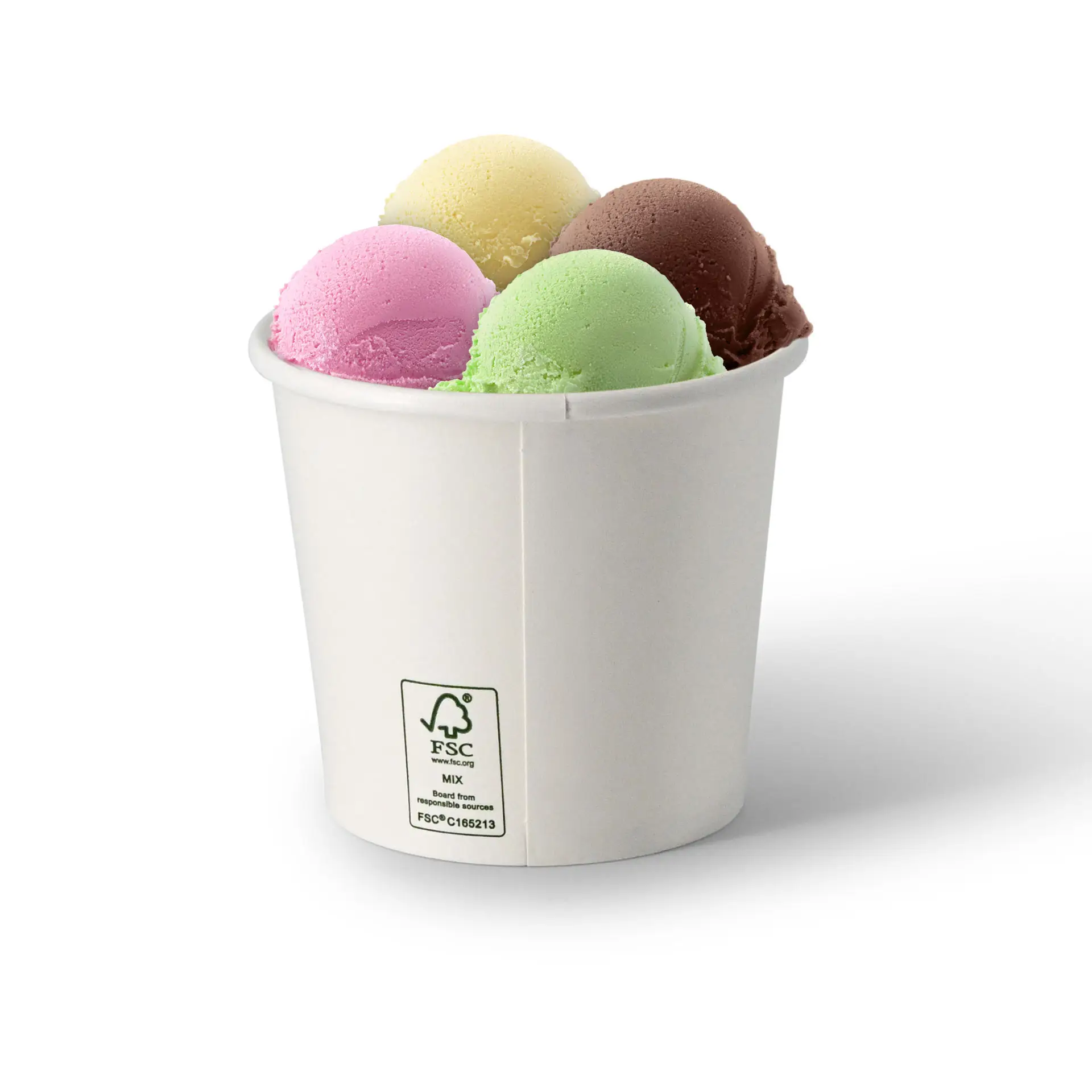 A white paper ice cream tub holding four scoops of different ice cream flavors: chocolate, strawberry, green melon, and lemon.