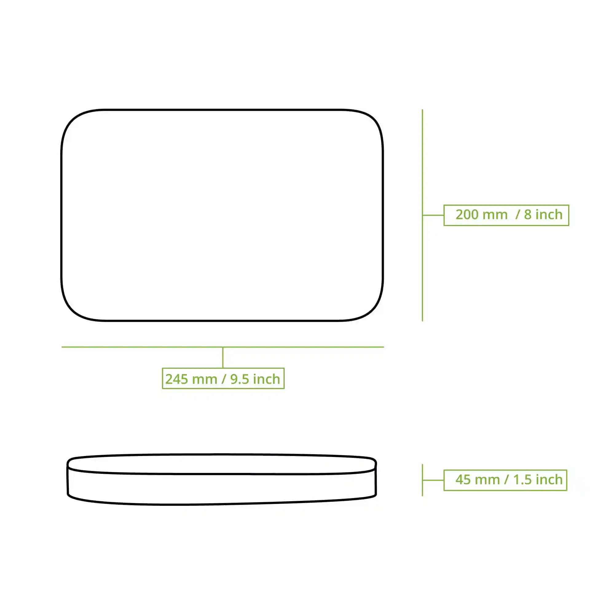 Schematic drawing of a rectangular container with dimensions 245 mm by 200 mm and height 45 mm.