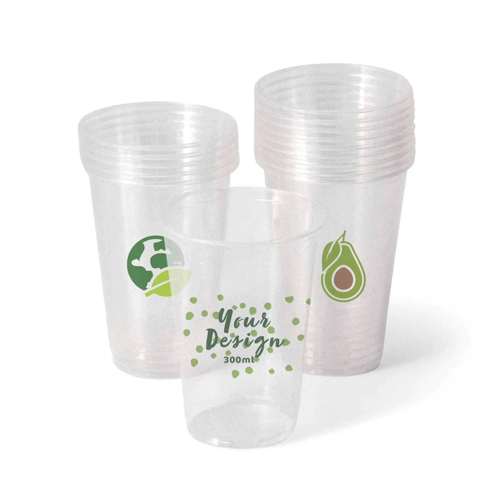 One clear PLA cup featuring green graphics, including a globe, avocado, and customizable text; additional cups are stacked behind.