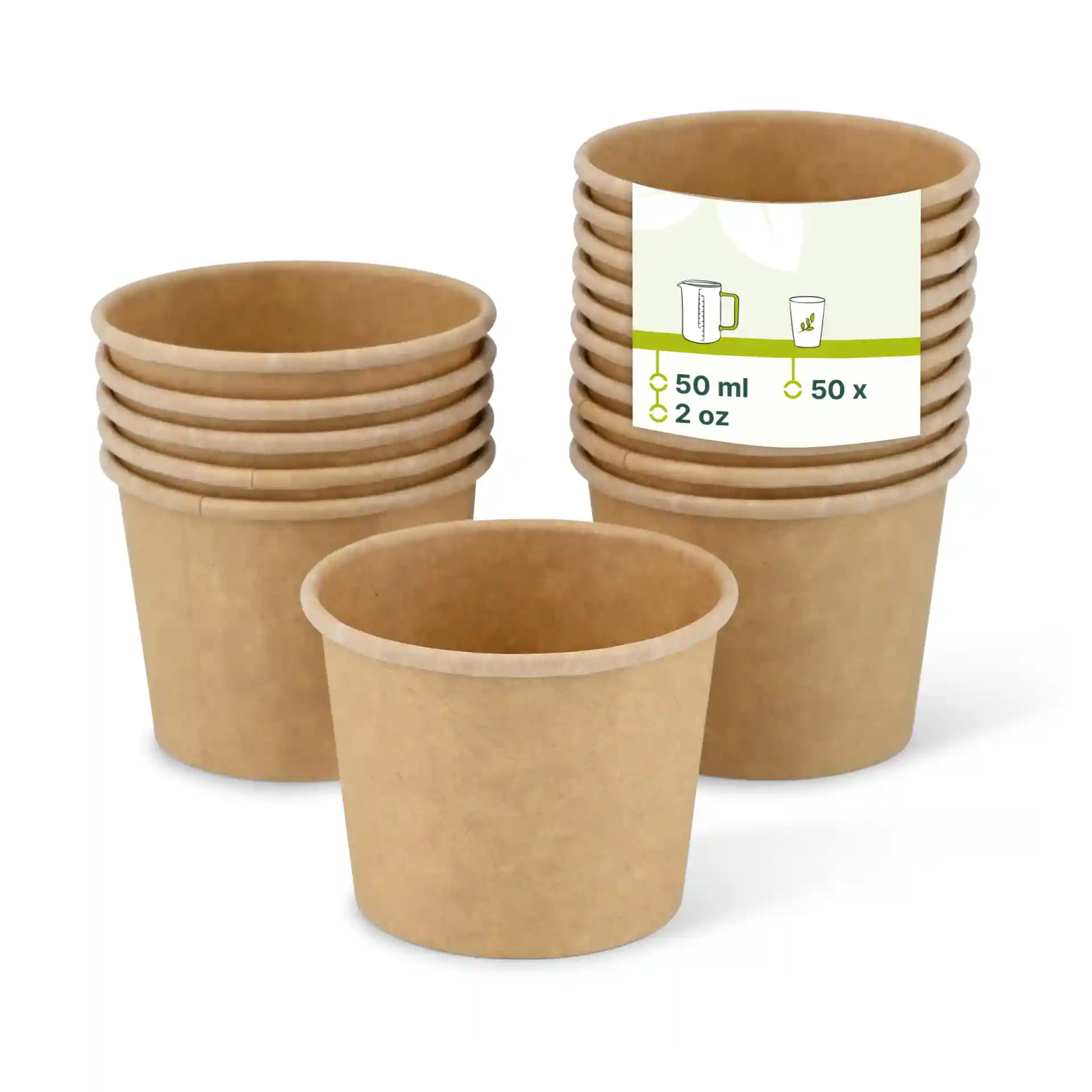 Stack of unbleached brown paper portion cups, each with a 50 ml capacity, featuring a label with measurements.
