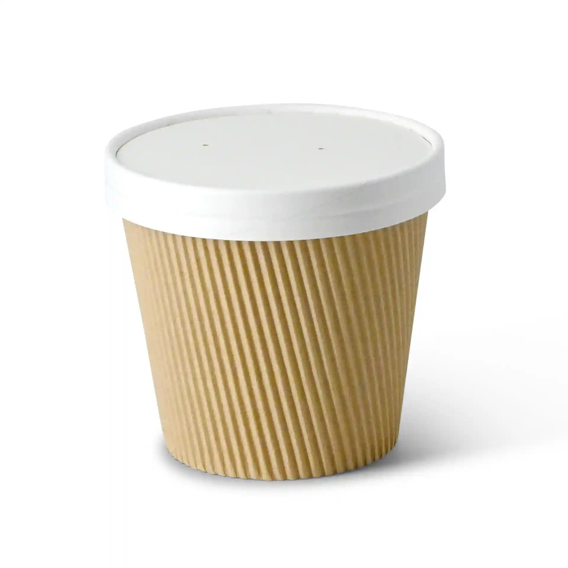 Round kraft cardboard soup cup with a white lid, ribbed texture, and eco-friendly coating.