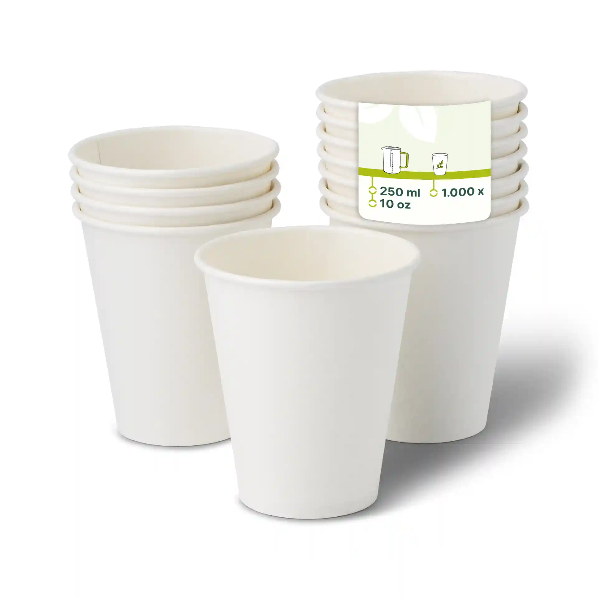 White paper cups stacked, showing one cup in front with a label indicating 10 oz and 250 ml capacity.