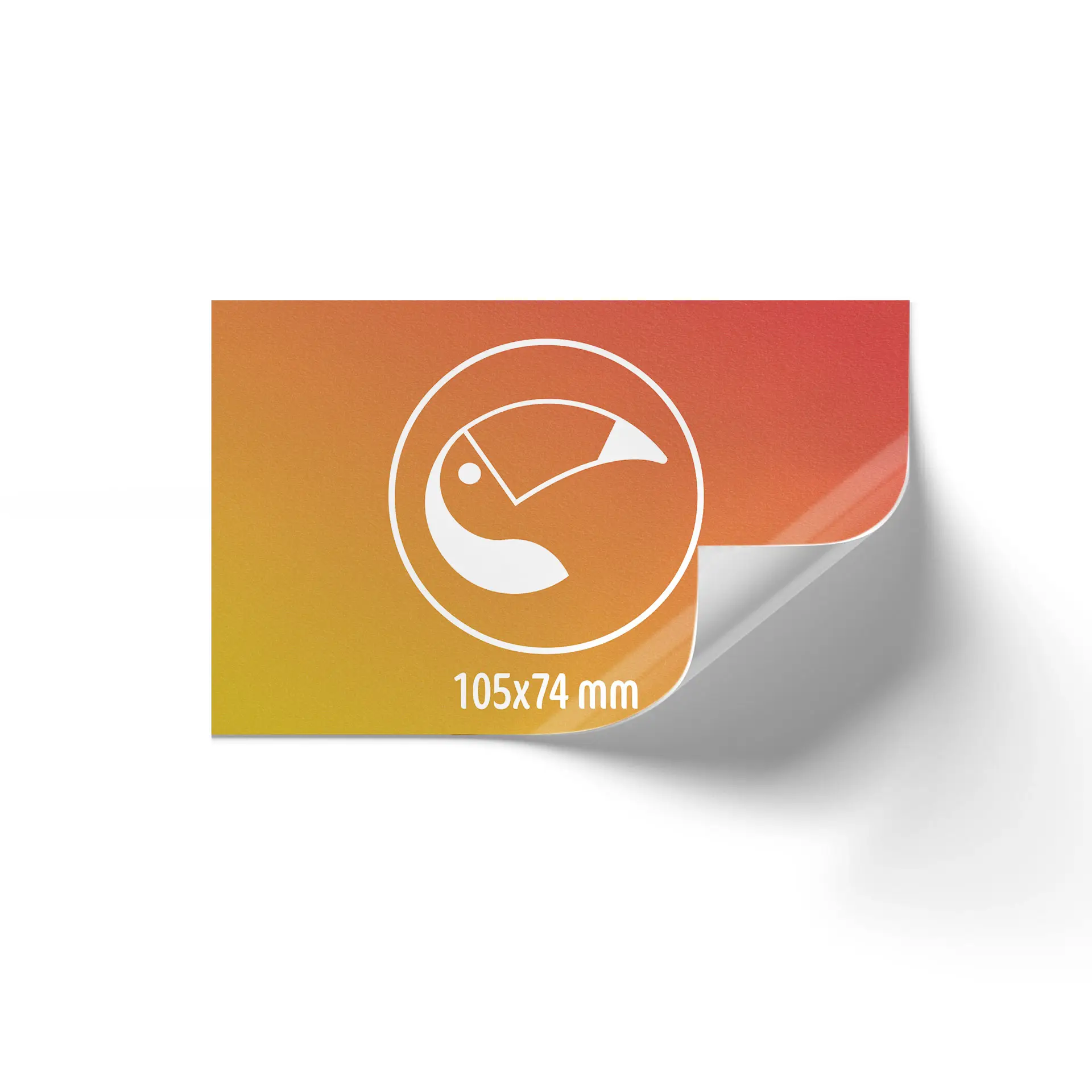 Rectangular custom printed label in gradient orange to yellow, dimensions 105x74 mm, featuring a design and logo.