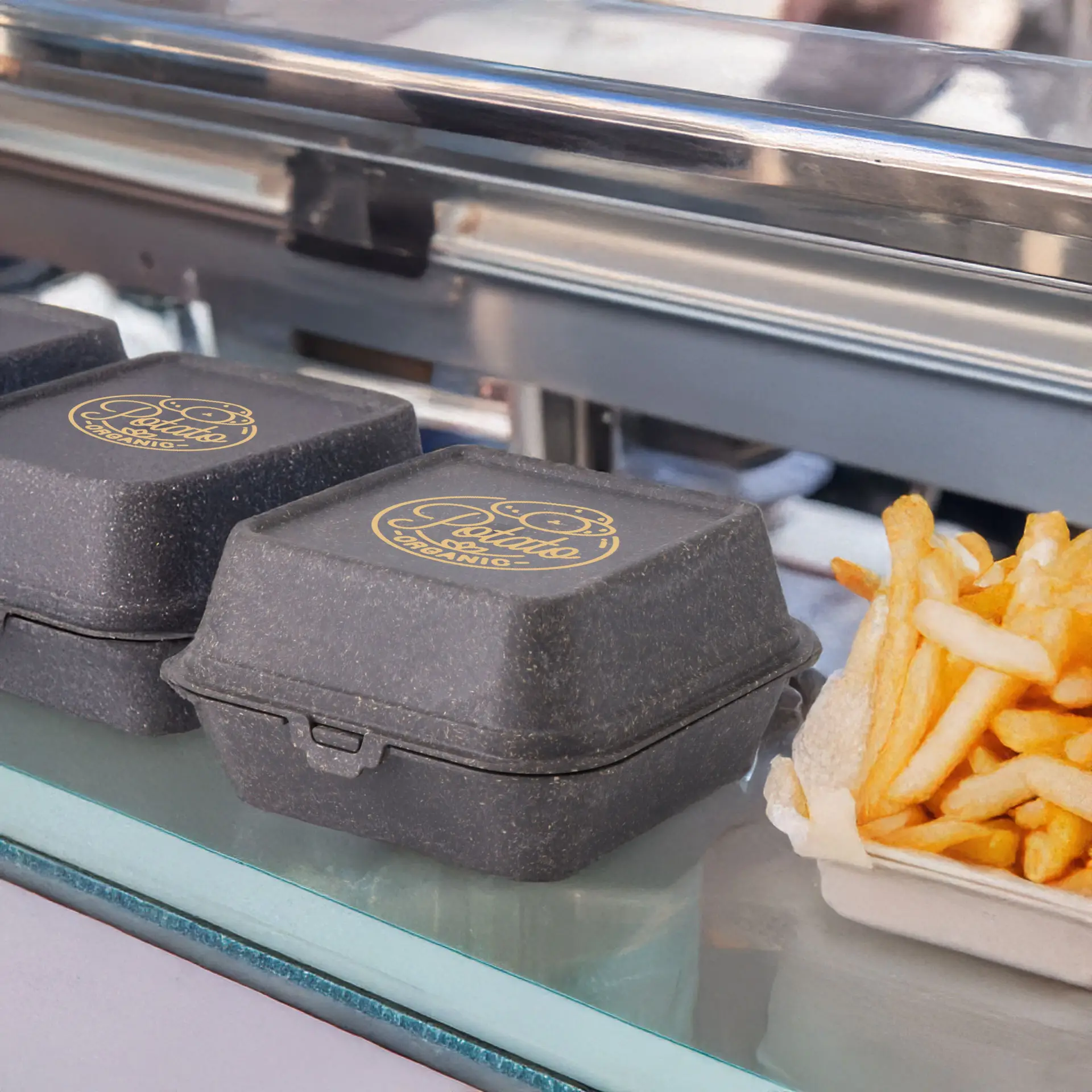 Printed reusable burger boxes, 16 x 15 x 8.5 cm, grey, single-sided