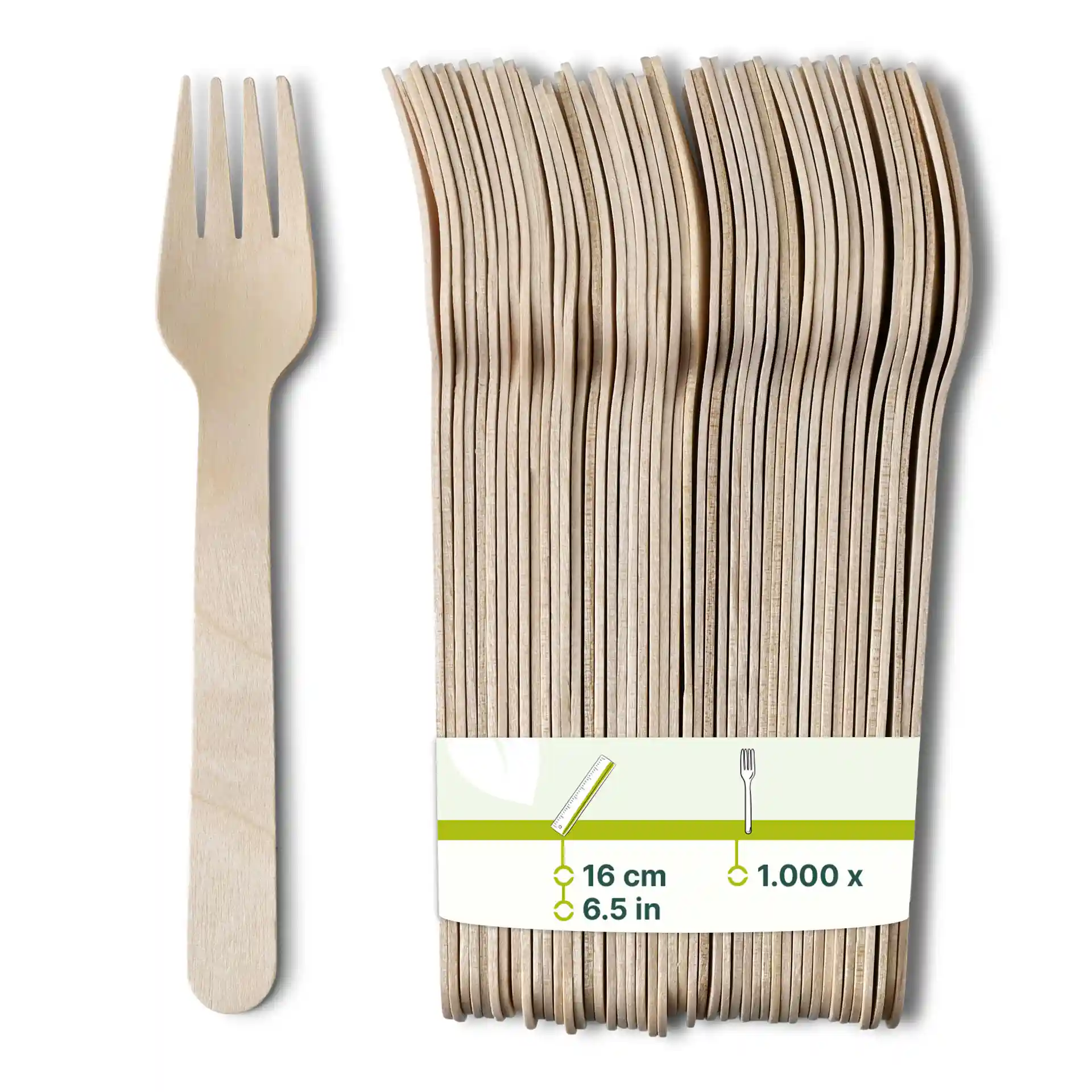 Wooden fork with a bio-coated finish, measuring 16 cm, alongside a stack of similar forks.