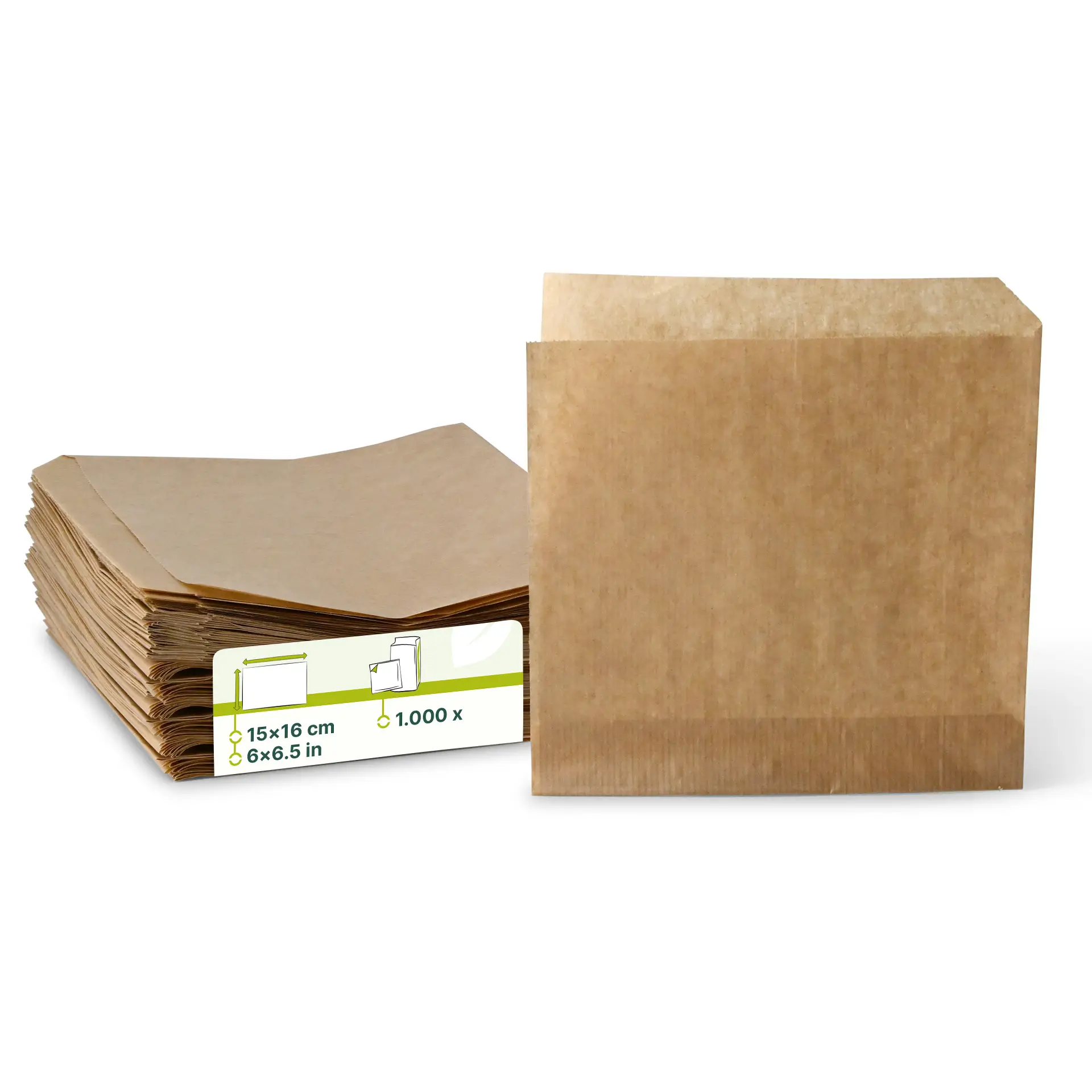 Paper snack bags 15 x 16 cm, brown, 2 sides open Paper snack bags 15 x 16 cm, brown, 2 sides open