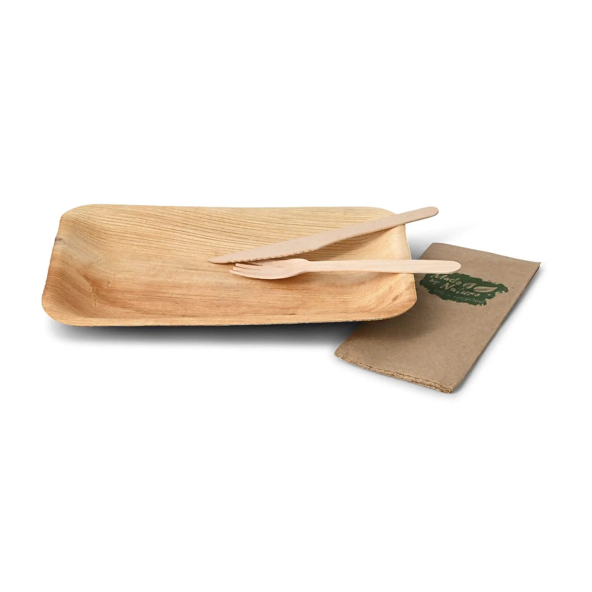 Rectangular palm leaf disposable plate with two wooden utensils and a brown paper napkin on a white background.
