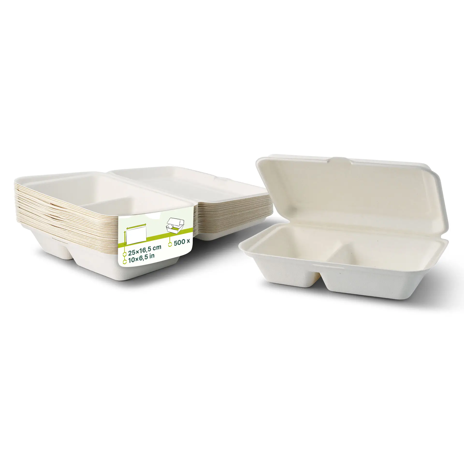 Sugarcane-menu containers 25 x 16,5 x 6,1 cm, 2 compartments, hinged-lid, rectangular Sugarcane-menu containers 25 x 16,5 x 6,1 cm, 2 compartments, hinged-lid, rectangular
