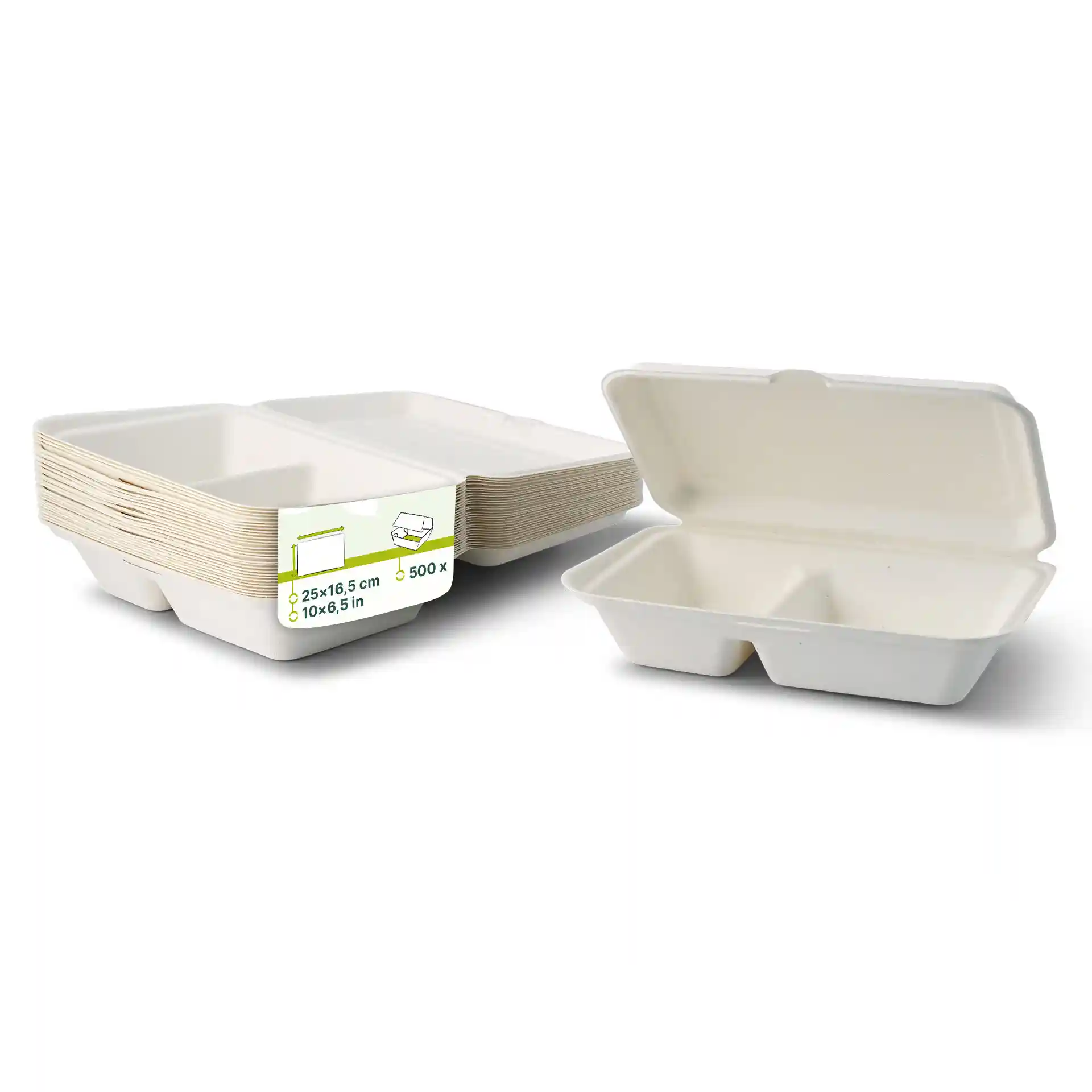 Rectangular cream white sugarcane menu containers with two compartments and a hinged lid, stacked with one open.