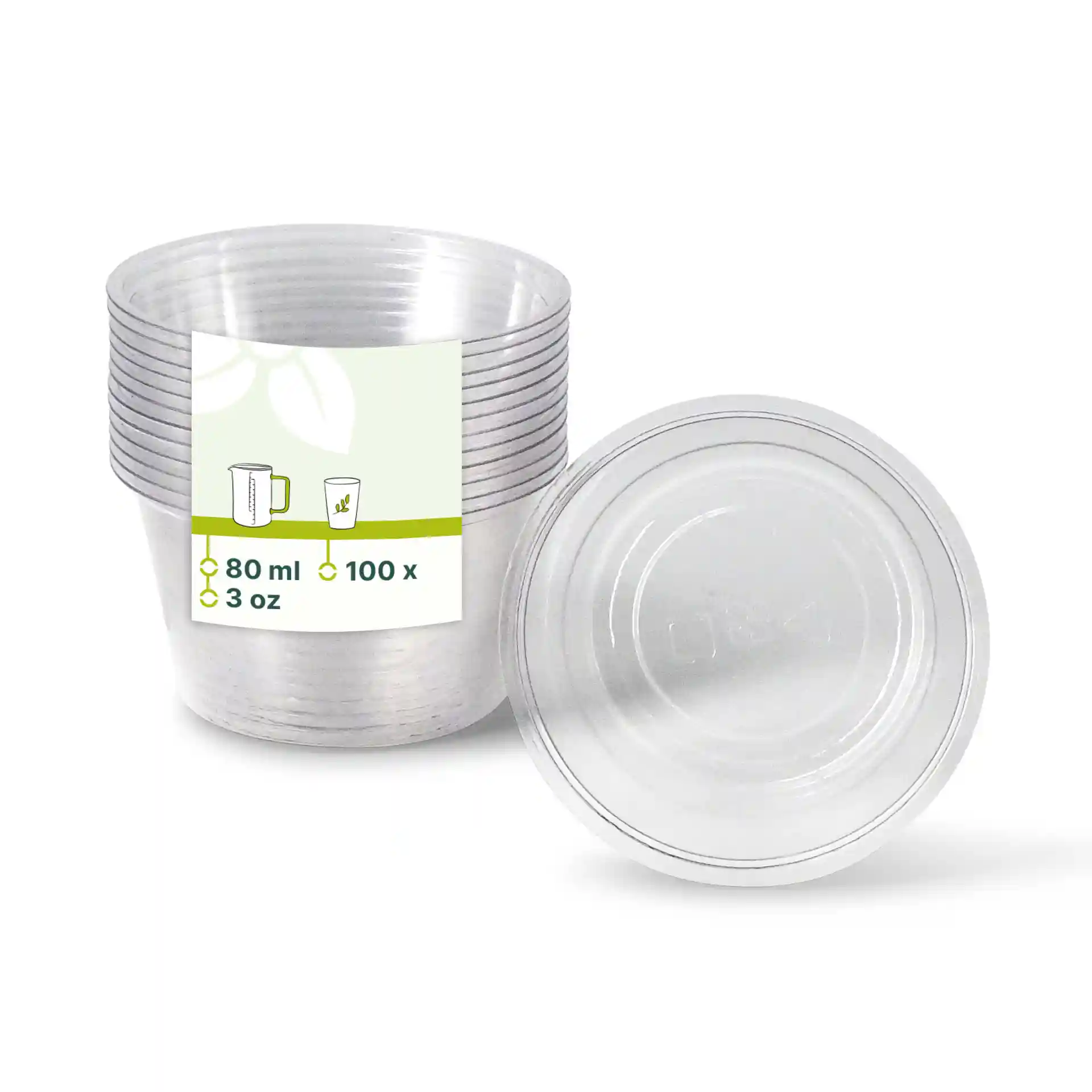 Clear PLA portion cups, 80 ml capacity, stacked with a label showing dimensions and quantity.
