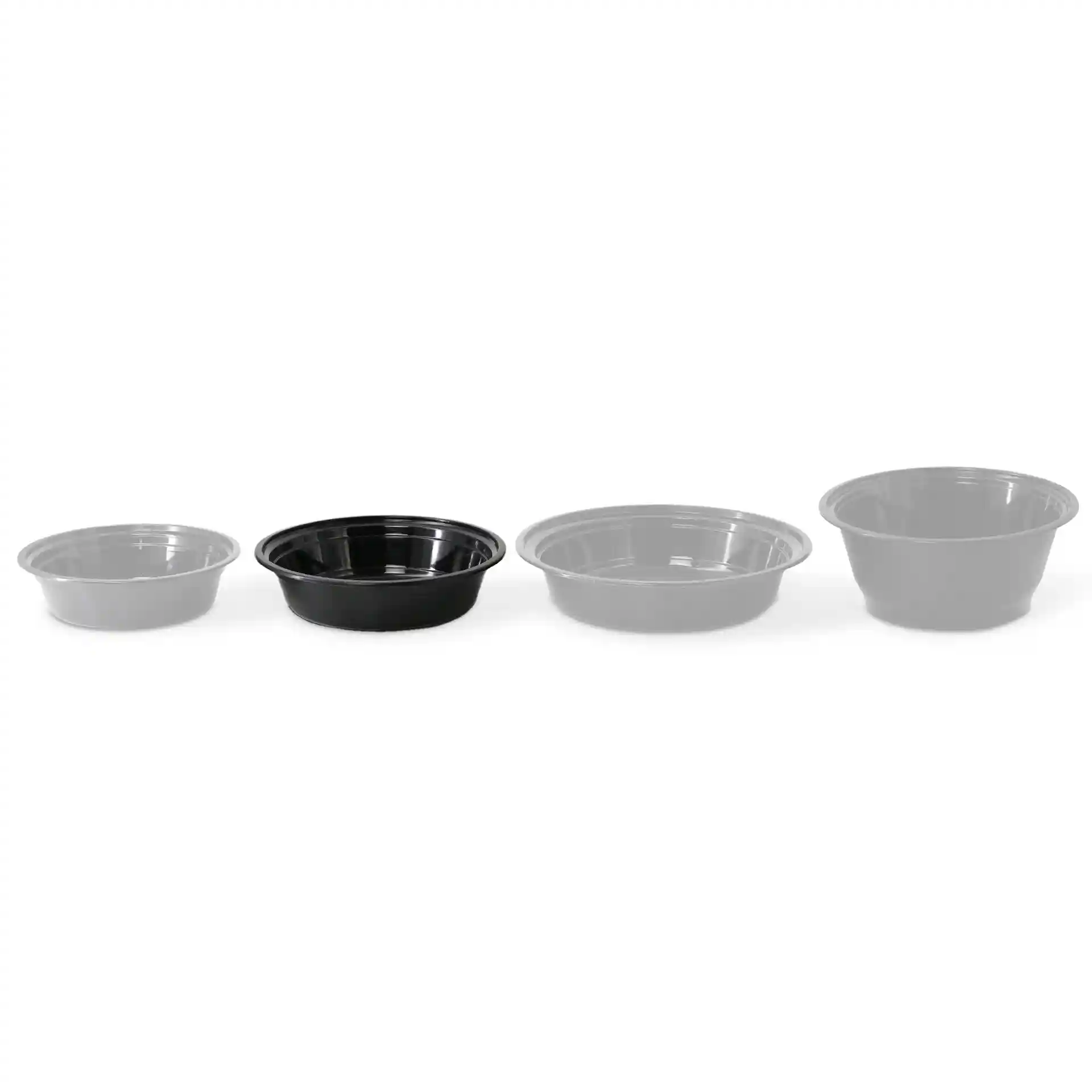 Image of four round plates in varying sizes, including a black plate in the center, made of PP material.