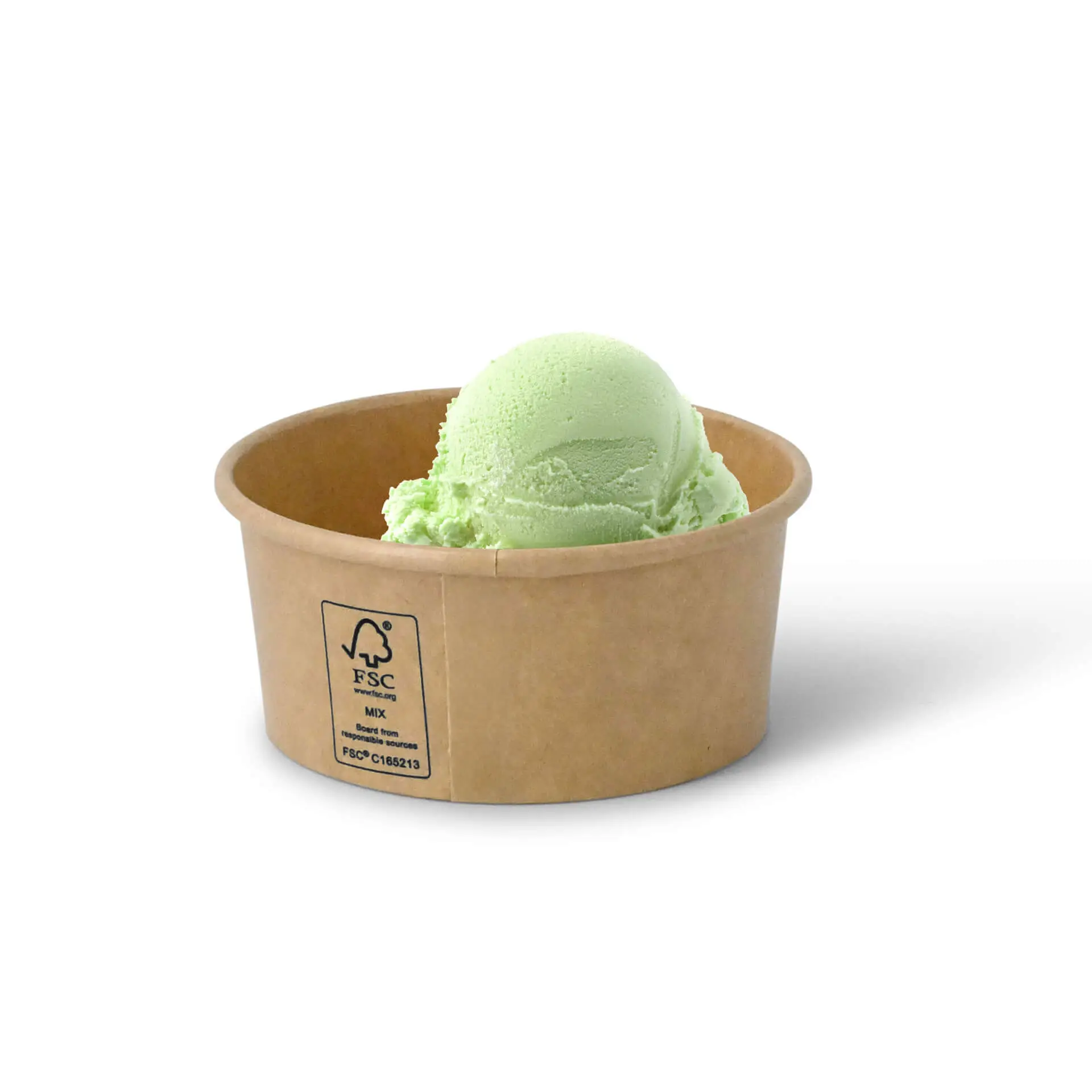 One green ice cream scoop in a brown, PE-coated paper cup; cup features FSC and Climate Safe 360 labels.
