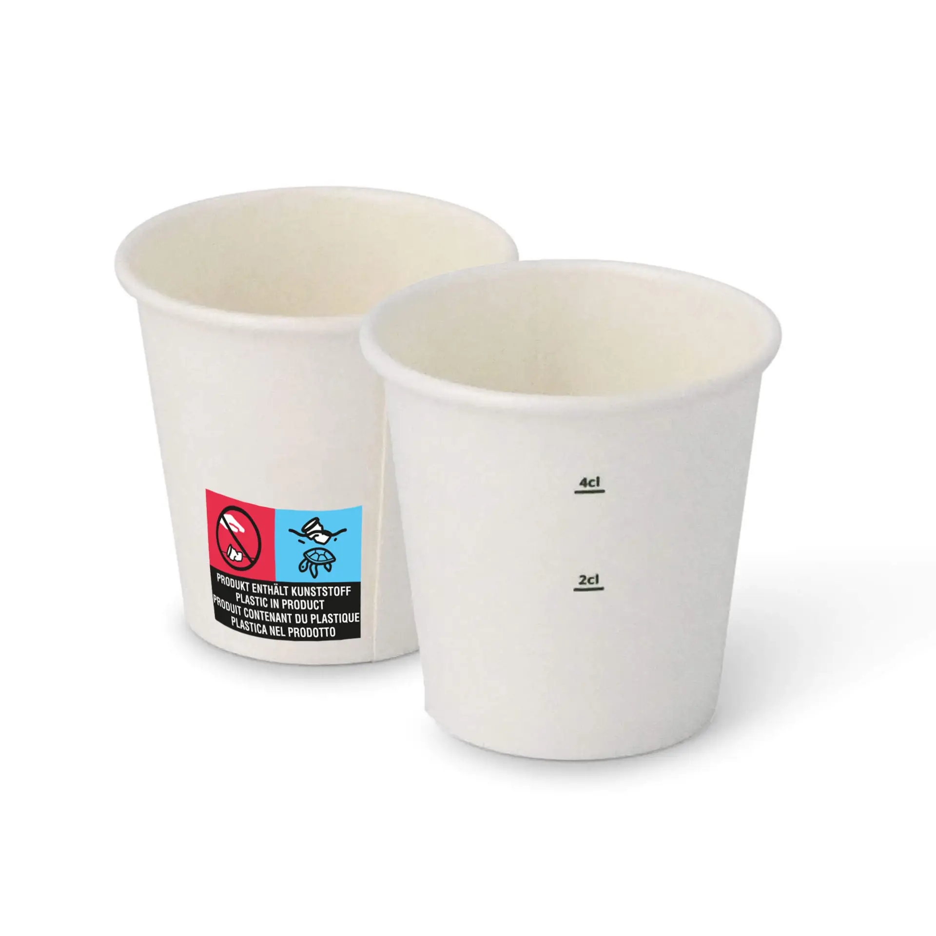 White paper cups with a round shape, featuring measurement markings for 2 cl and 4 cl on the side.