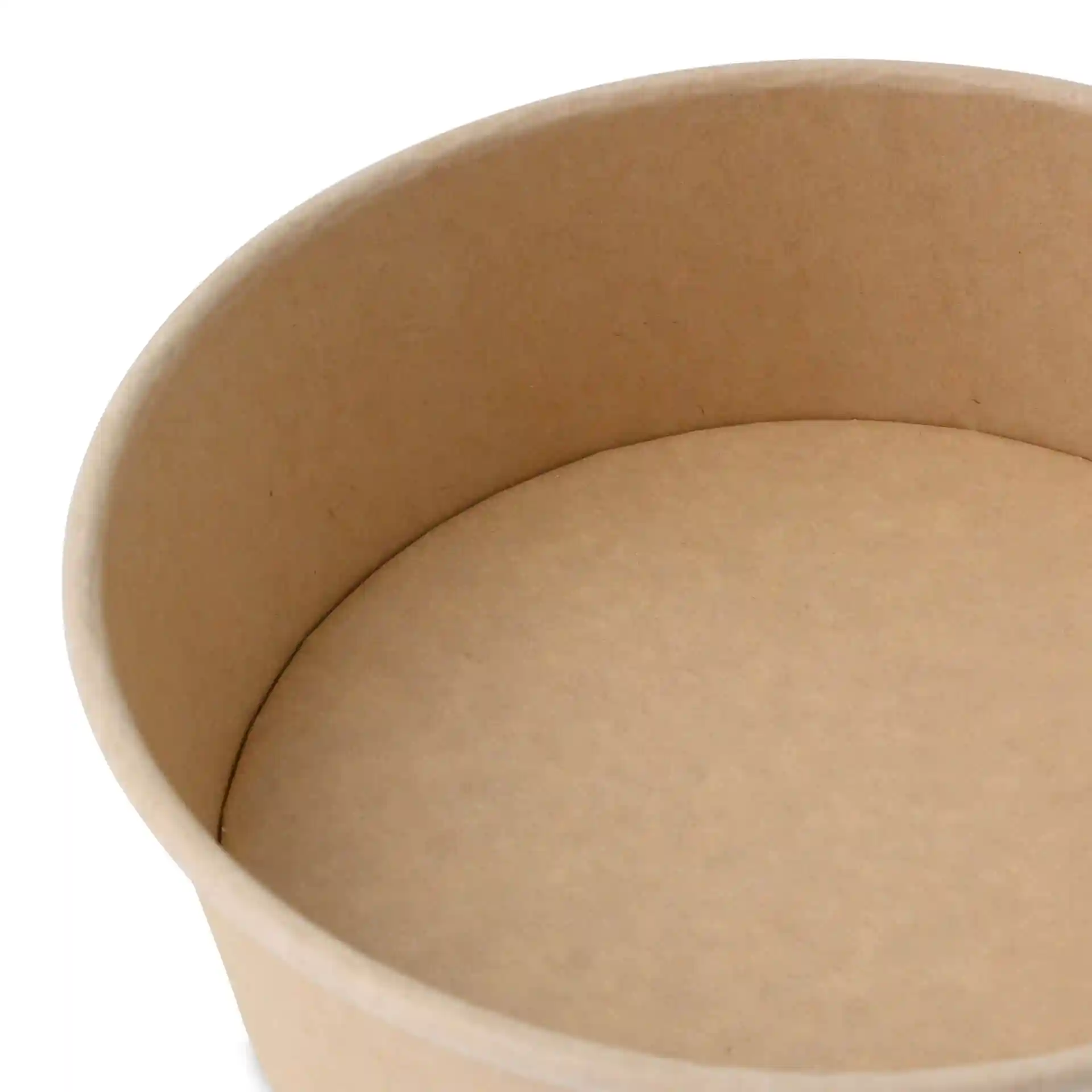 Round brown paper bowl made of cardboard, showing the interior with a smooth surface.