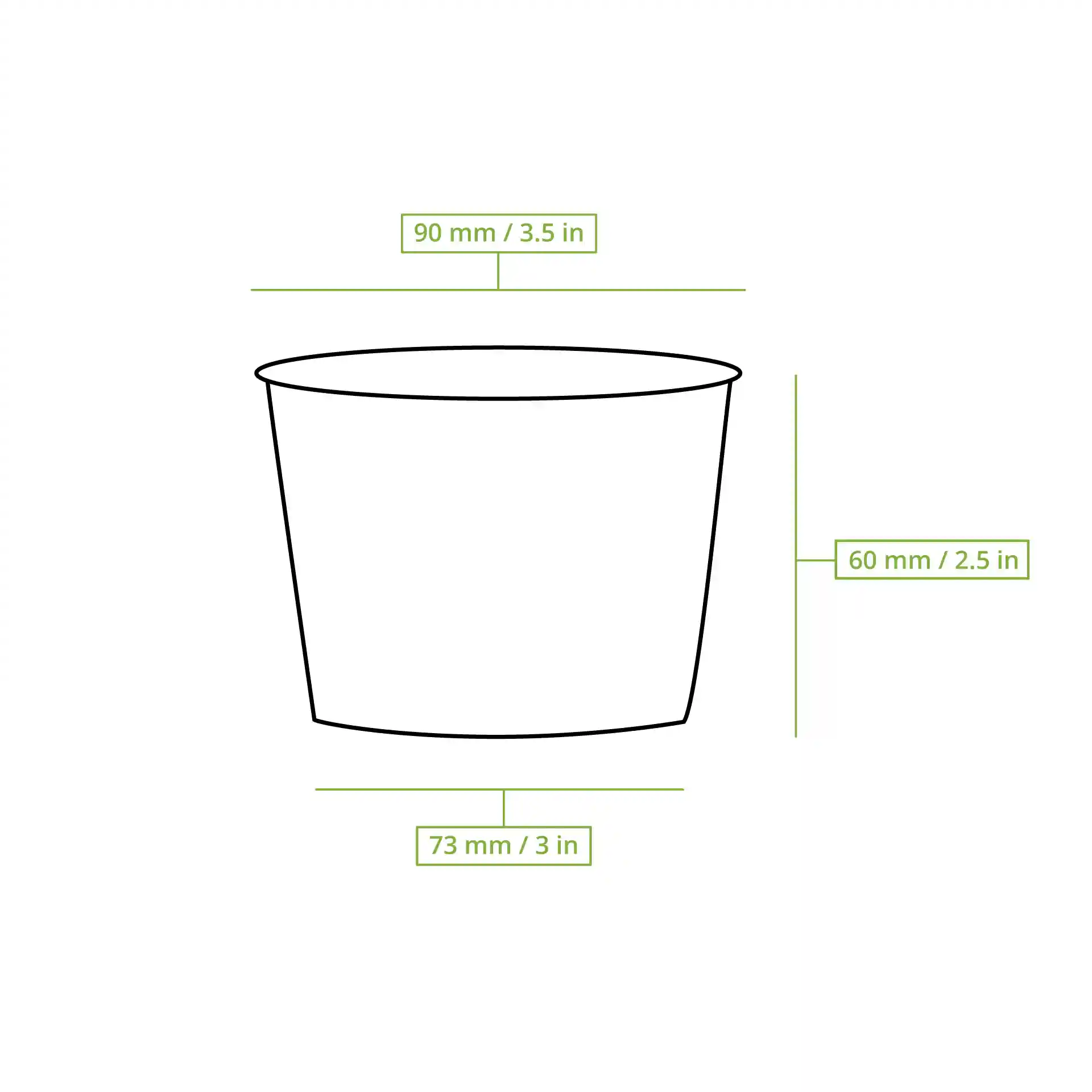 Schematic drawing of a round cardboard soup cup with dimensions: top diameter 90 mm, height 60 mm, bottom diameter 73 mm.