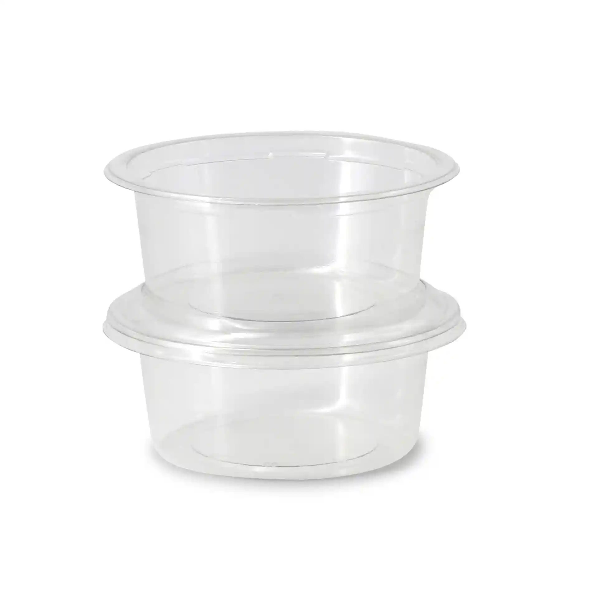 Transparent round rPET deli pots stacked, each with a capacity of 325 ml and a diameter of 123 mm.