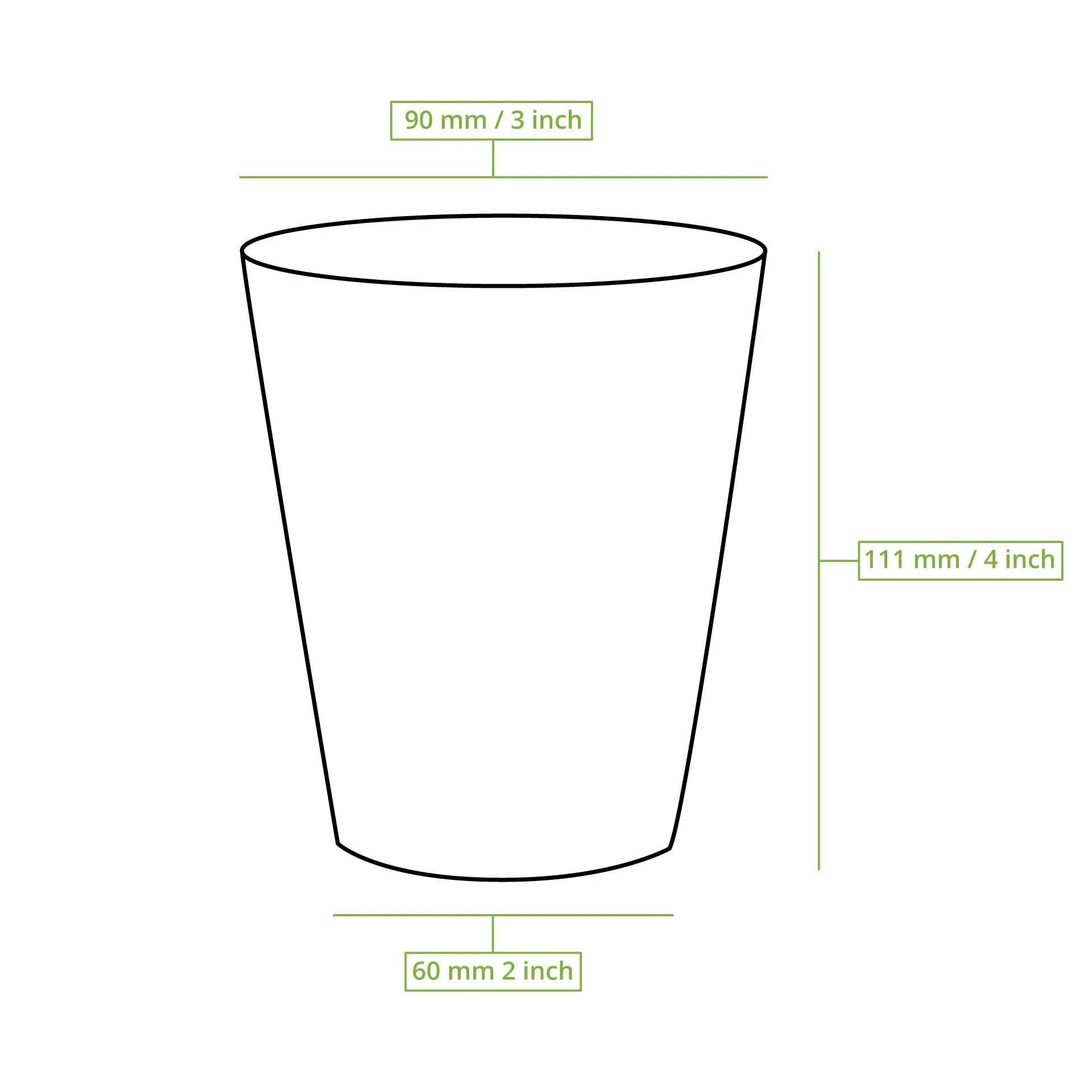 Single-wall black paper cup, 300 ml / 12 oz, Ø 90 mm, with PLA coating for moisture protection, measures 111 mm in height.