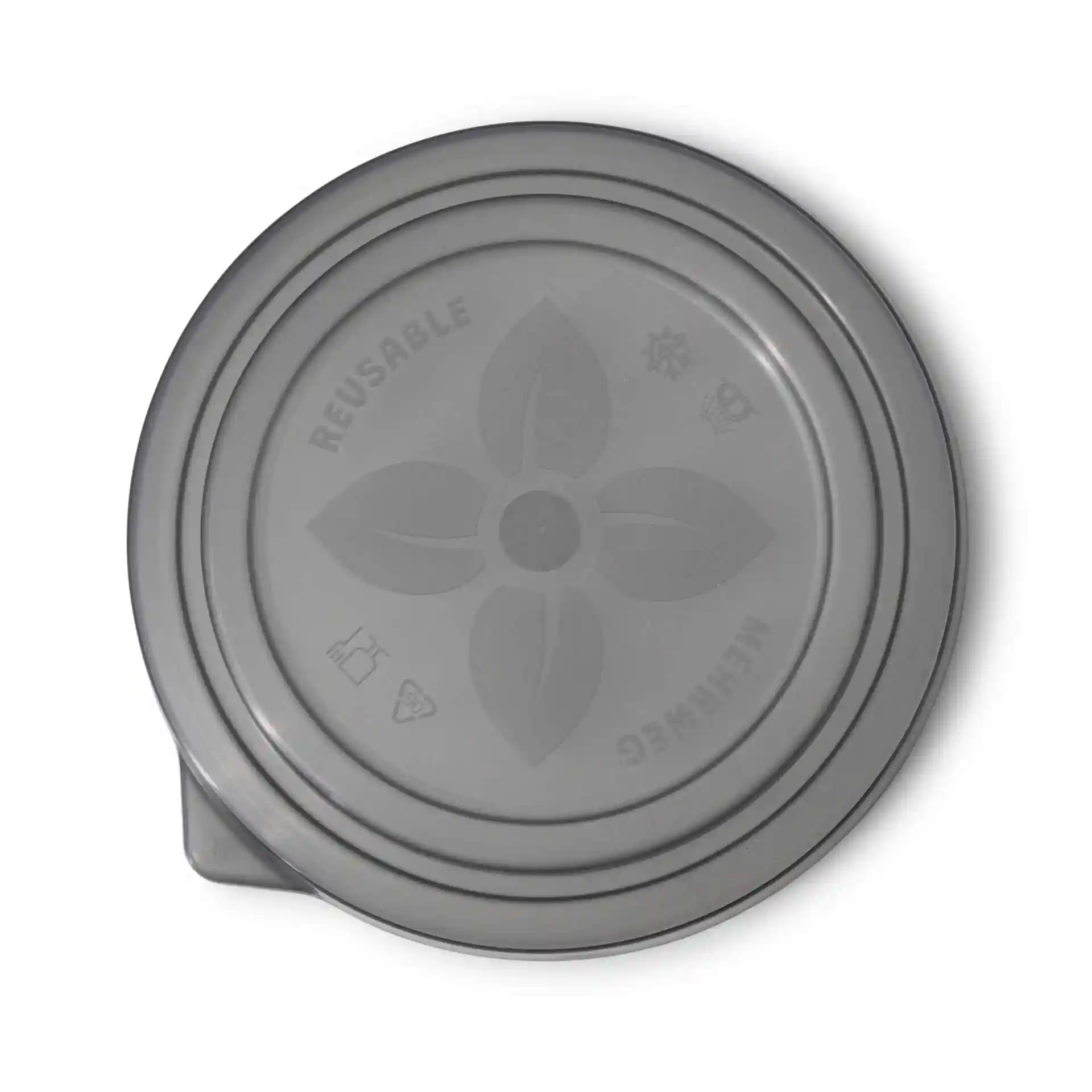 Round grey reusable lid made of PP, with a diameter of 150 mm and a height of 15 mm.