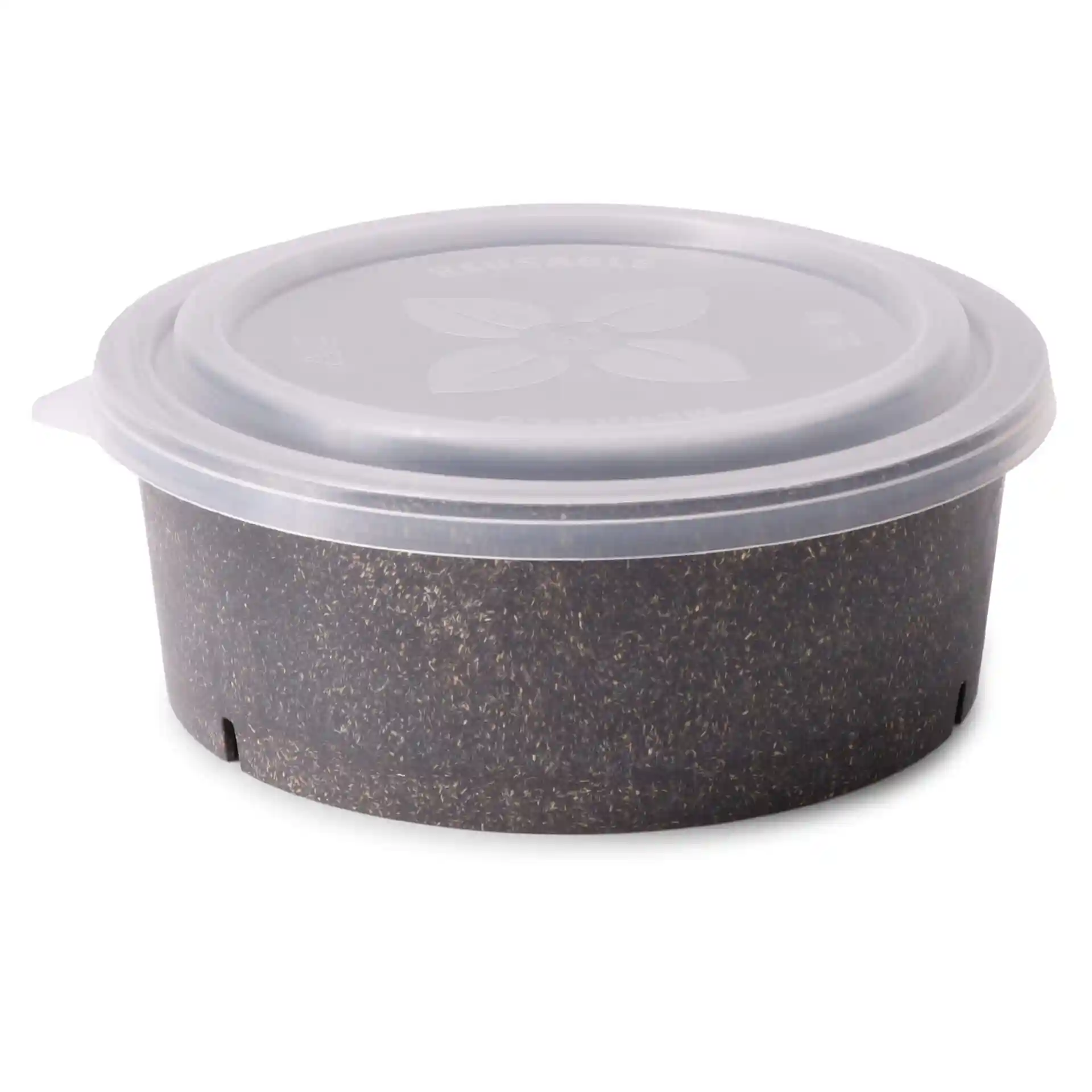 Round grey reusable bowl with a clear lid, measuring 185 mm in diameter and 68 mm in height.