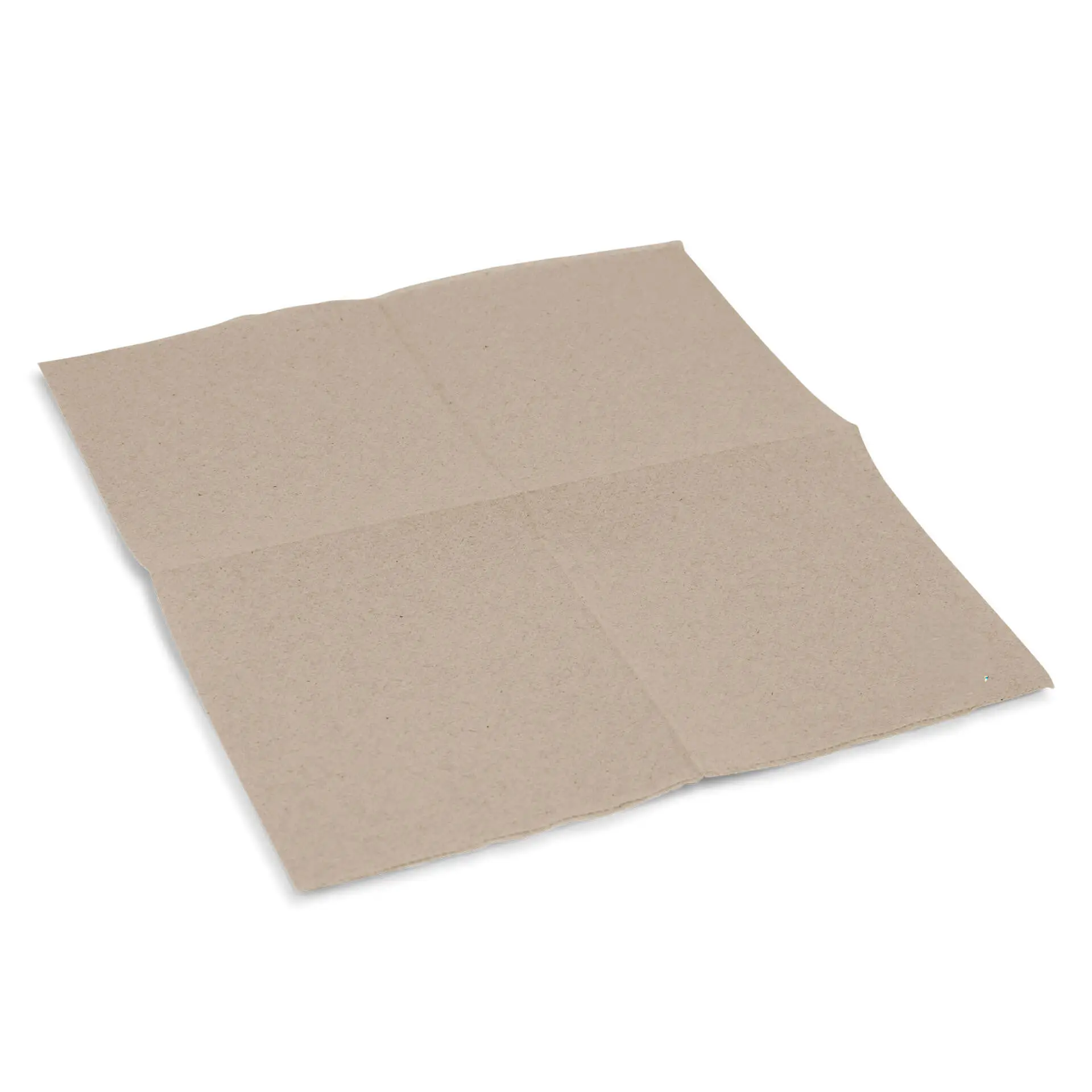 Square, unbleached, 2-ply recycled cocktail napkin, 20 x 20 cm, laid flat with a logo in the corner.