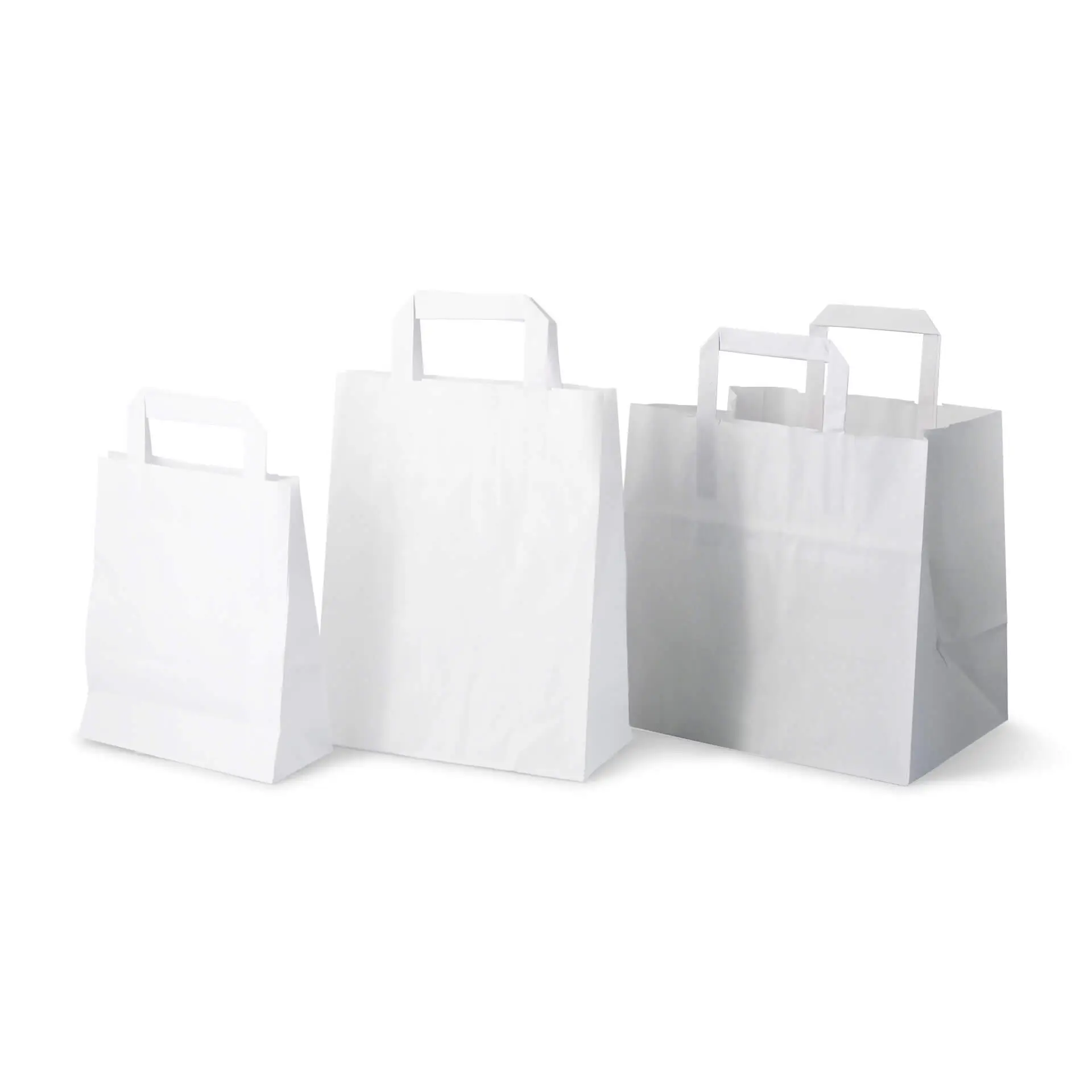 White kraft paper carrier bags in three sizes, suitable for light groceries and take-out, durable and biodegradable.