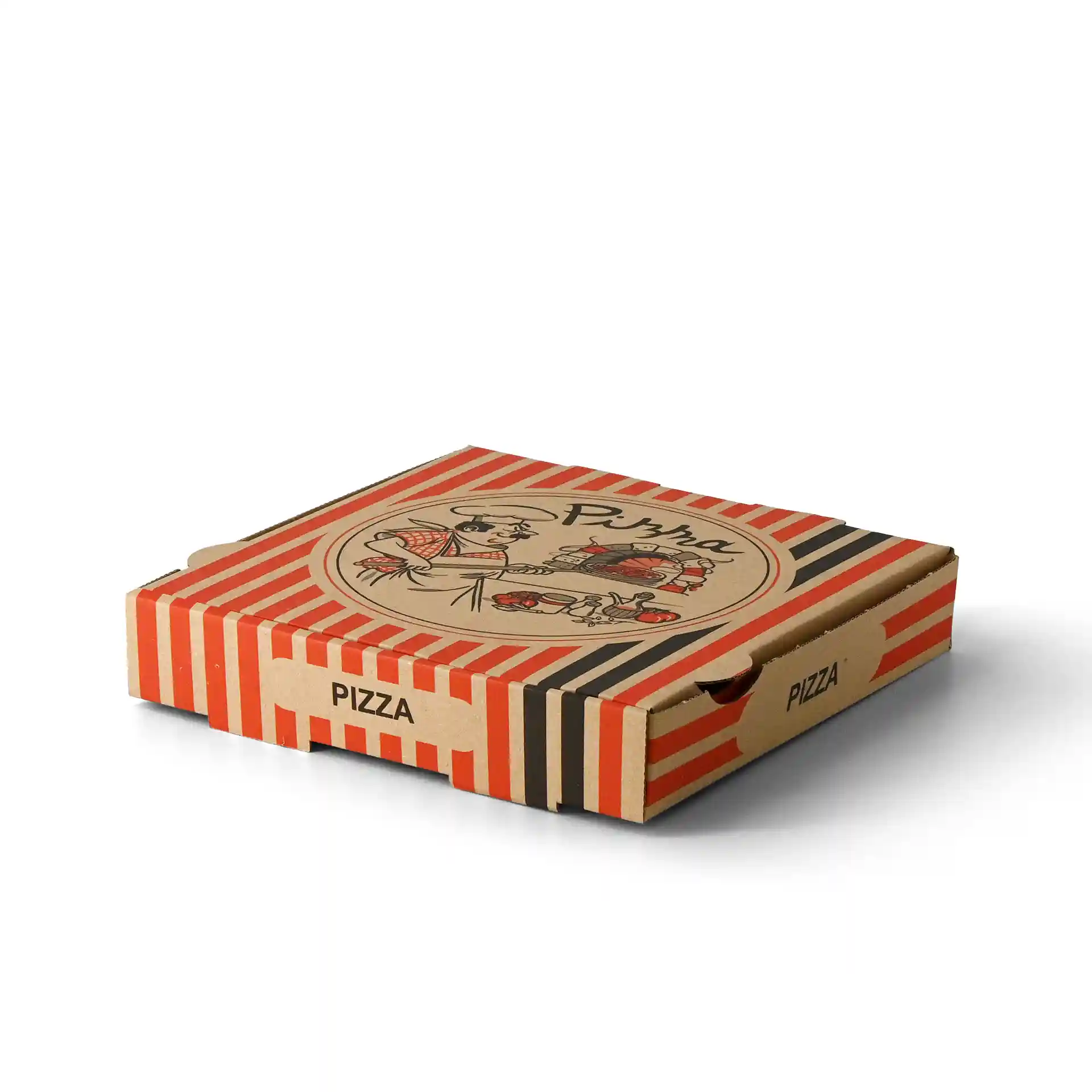 Pizza box with a pizza chef design, brown with red and black stripes, measuring 26 x 26 x 4 cm.