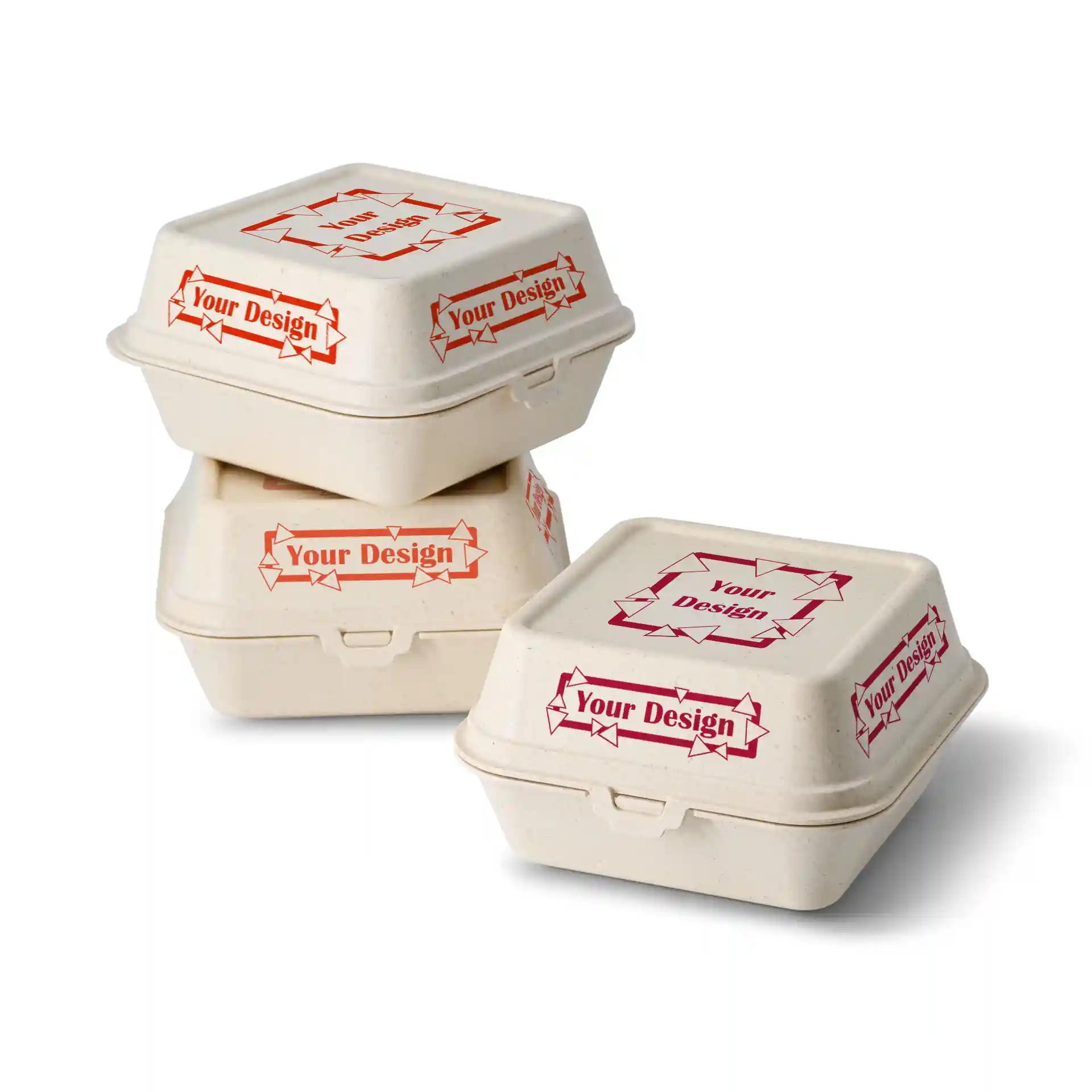 Stack of cream white printed reusable burger boxes with a rectangular shape and visible design labels.