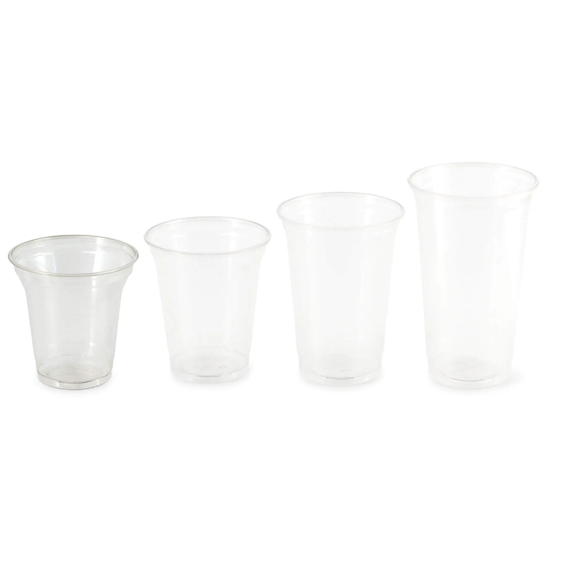 Four clear disposable cups made from 100% recycled PET; suitable for serving cold drinks.