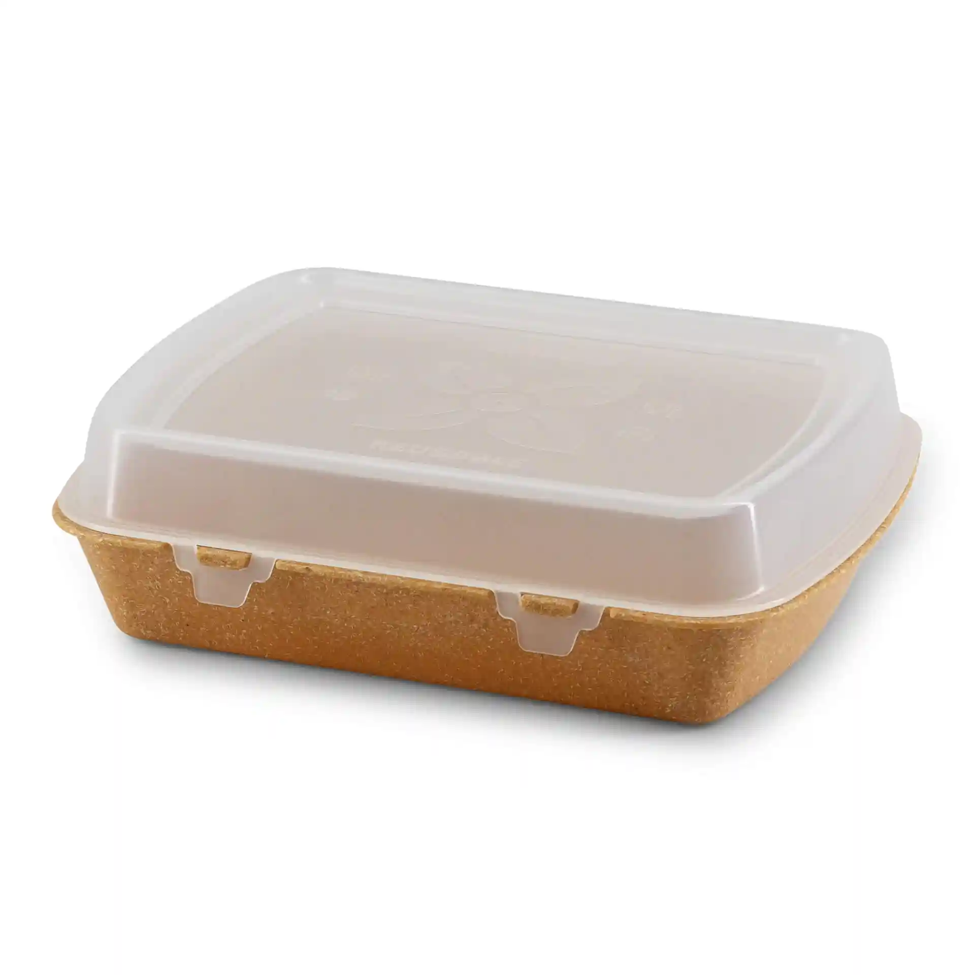 Rectangular reusable container with a caramel brown base and a clear lid, measuring 24.5 x 20 x 4.5 cm.