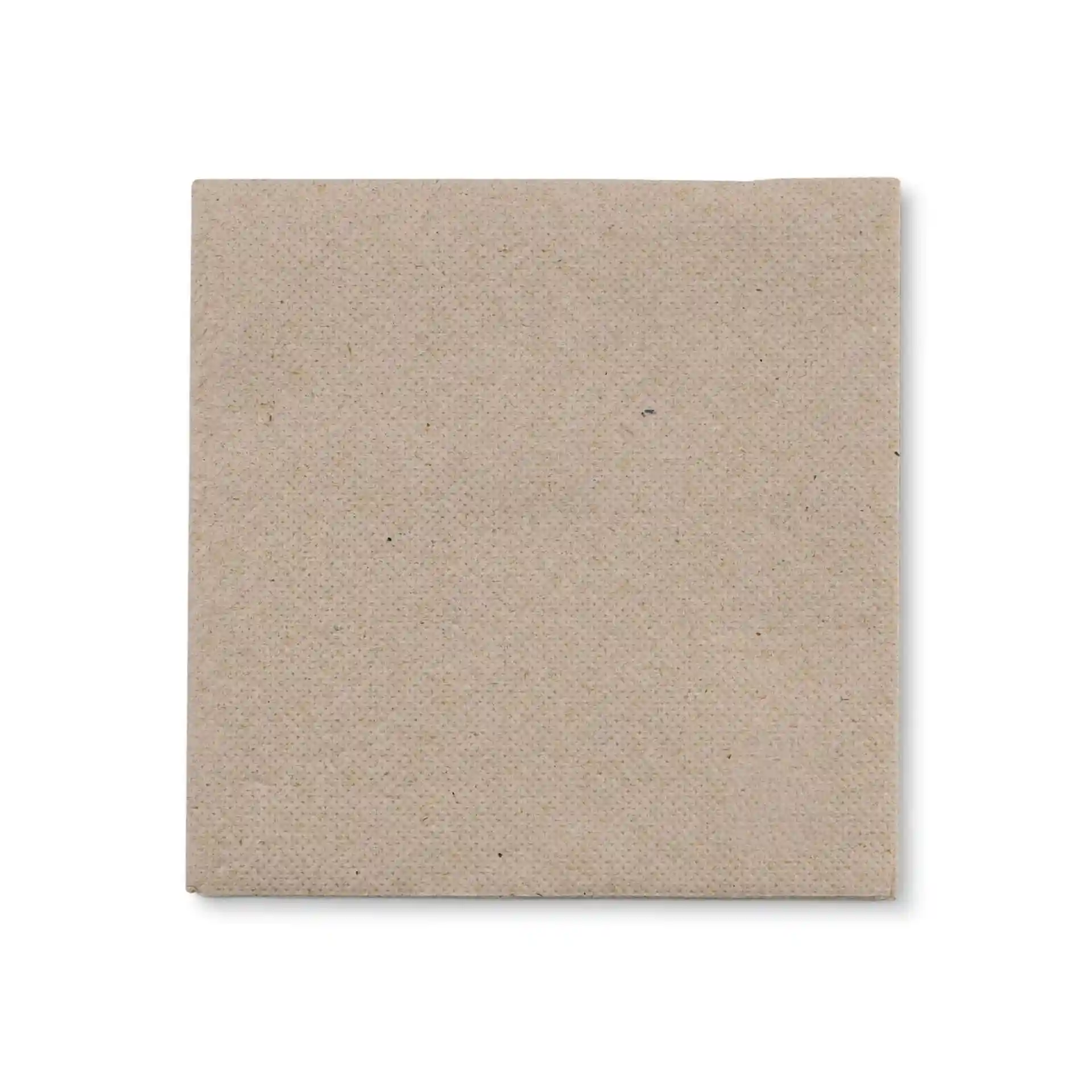 Square, unbleached, 2-ply recycled paper napkin with a logo indicating 100% recycled material.