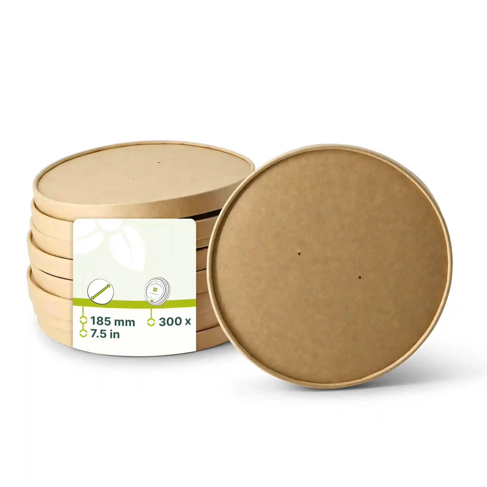 Round brown cardboard lids with a diameter of 185 mm, stacked with a label showing product details.