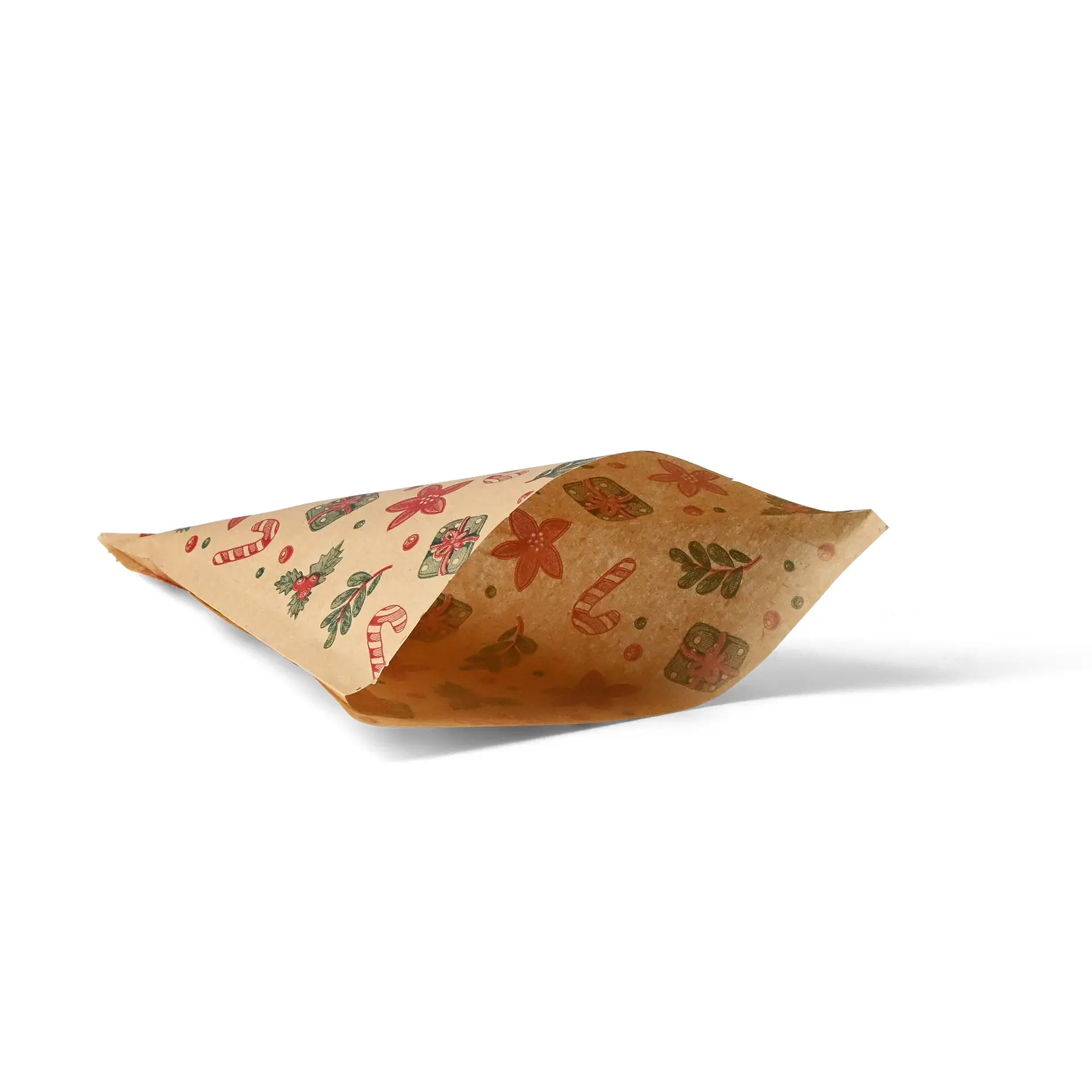 Brown greaseproof bag with winter-themed design, featuring candy canes and flowers, measuring 19 x 19 cm.