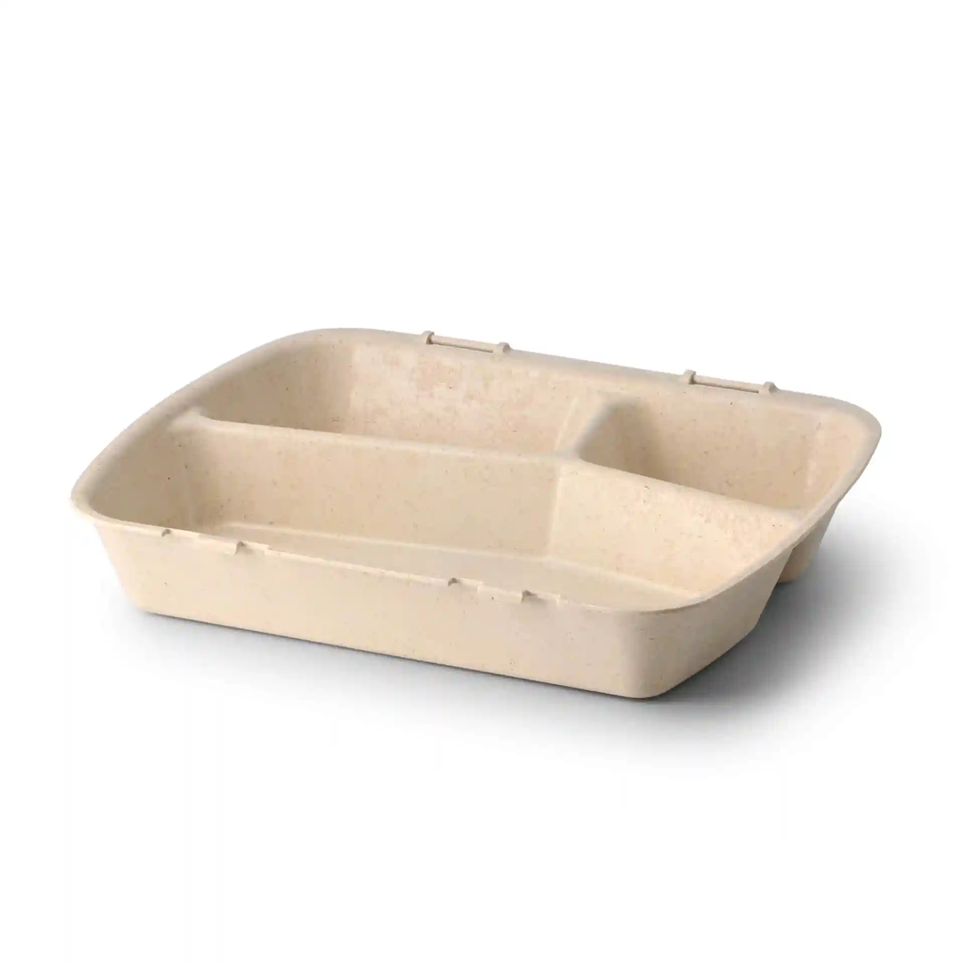 Reusable meal container with three compartments, cream white color, dimensions 24.5 x 20 x 4.5 cm.