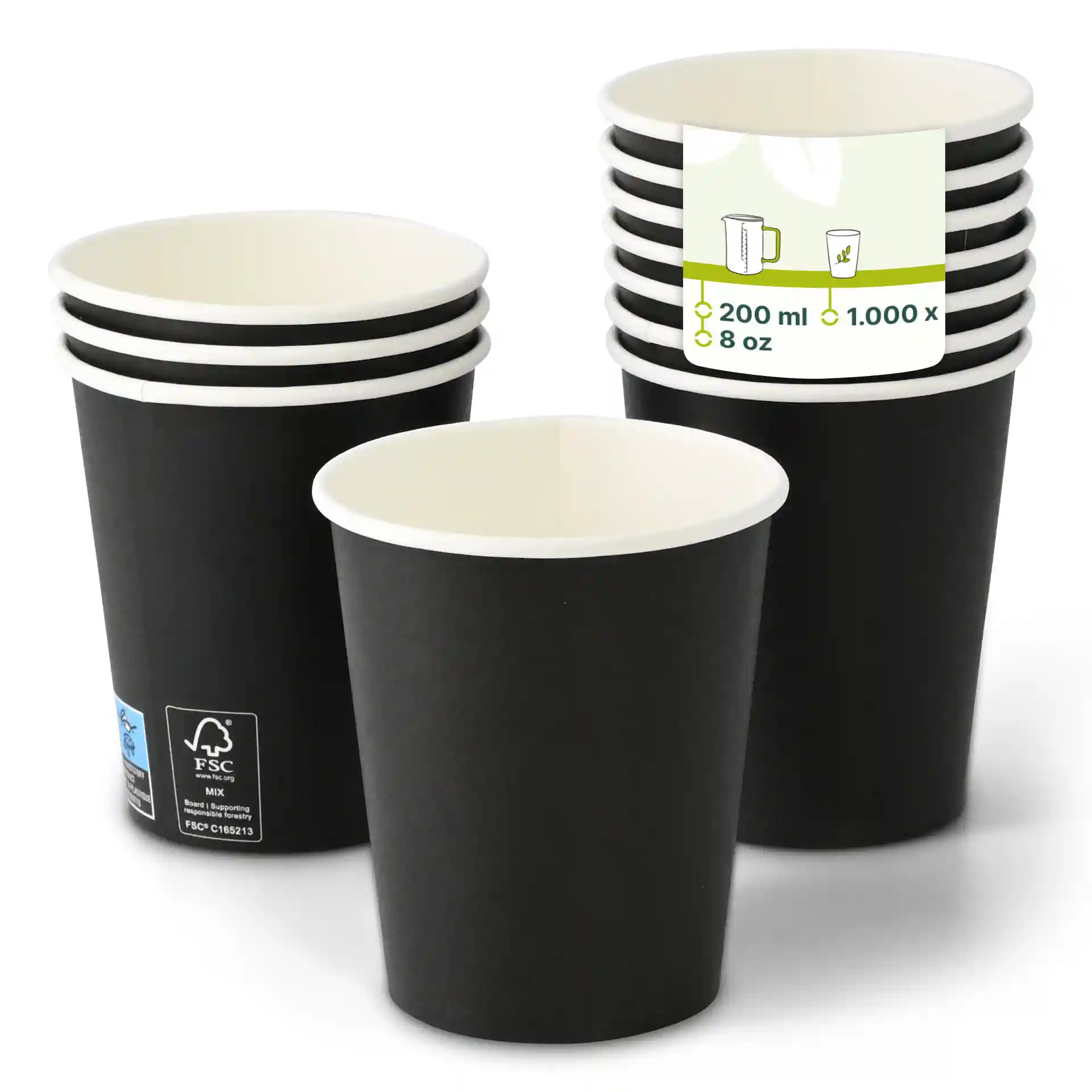 Black paper cups with a round shape, 8 oz capacity, and a white interior, stacked with a label showing details.