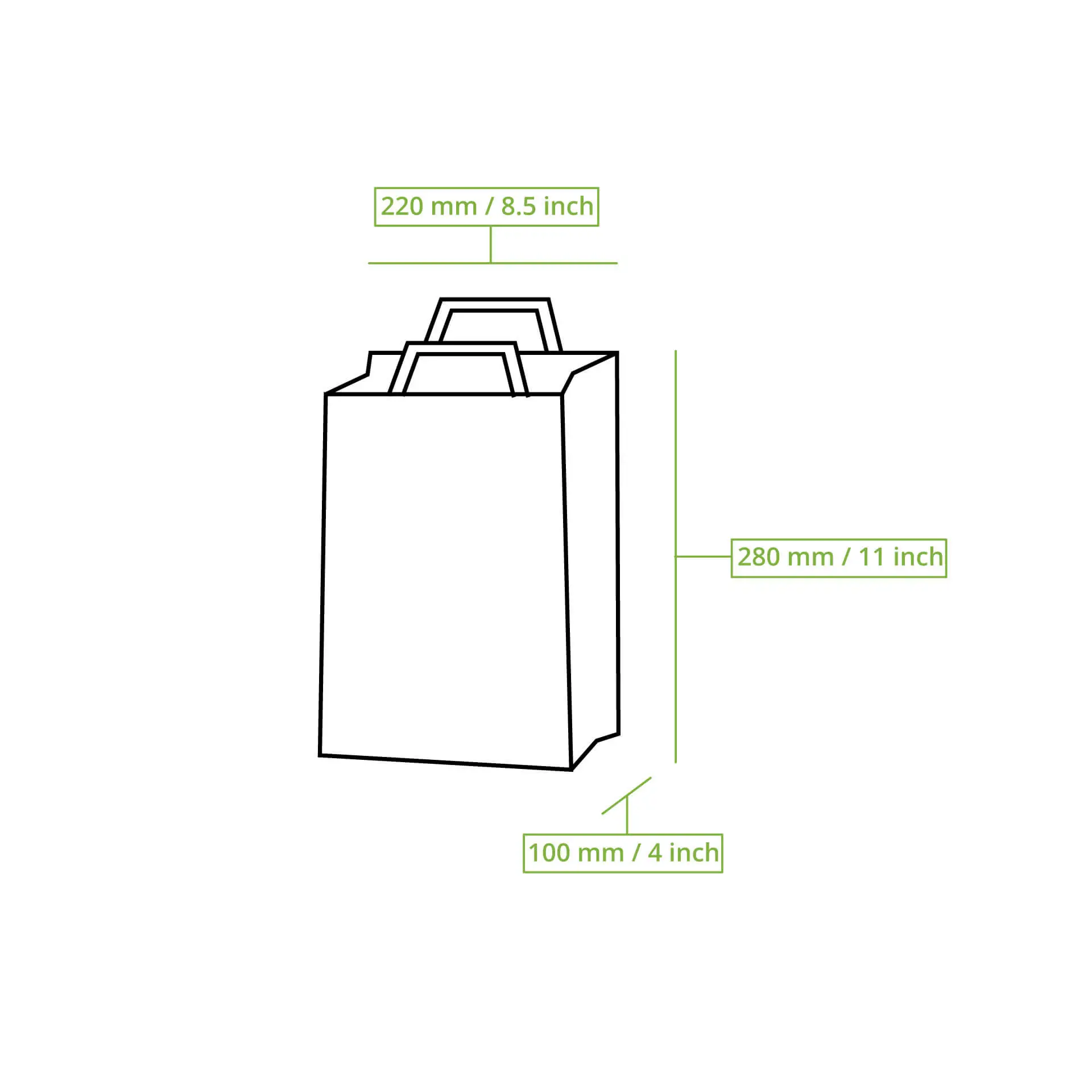 White paper carrier bag illustration, with dimensions: 220 mm height, 280 mm width, and 100 mm depth. Designed for shopping and grocery use.