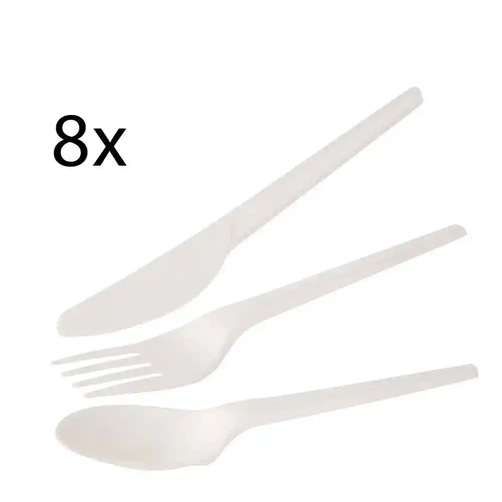 Set of eight white plastic utensils including a knife, fork, and spoon on a plain background.