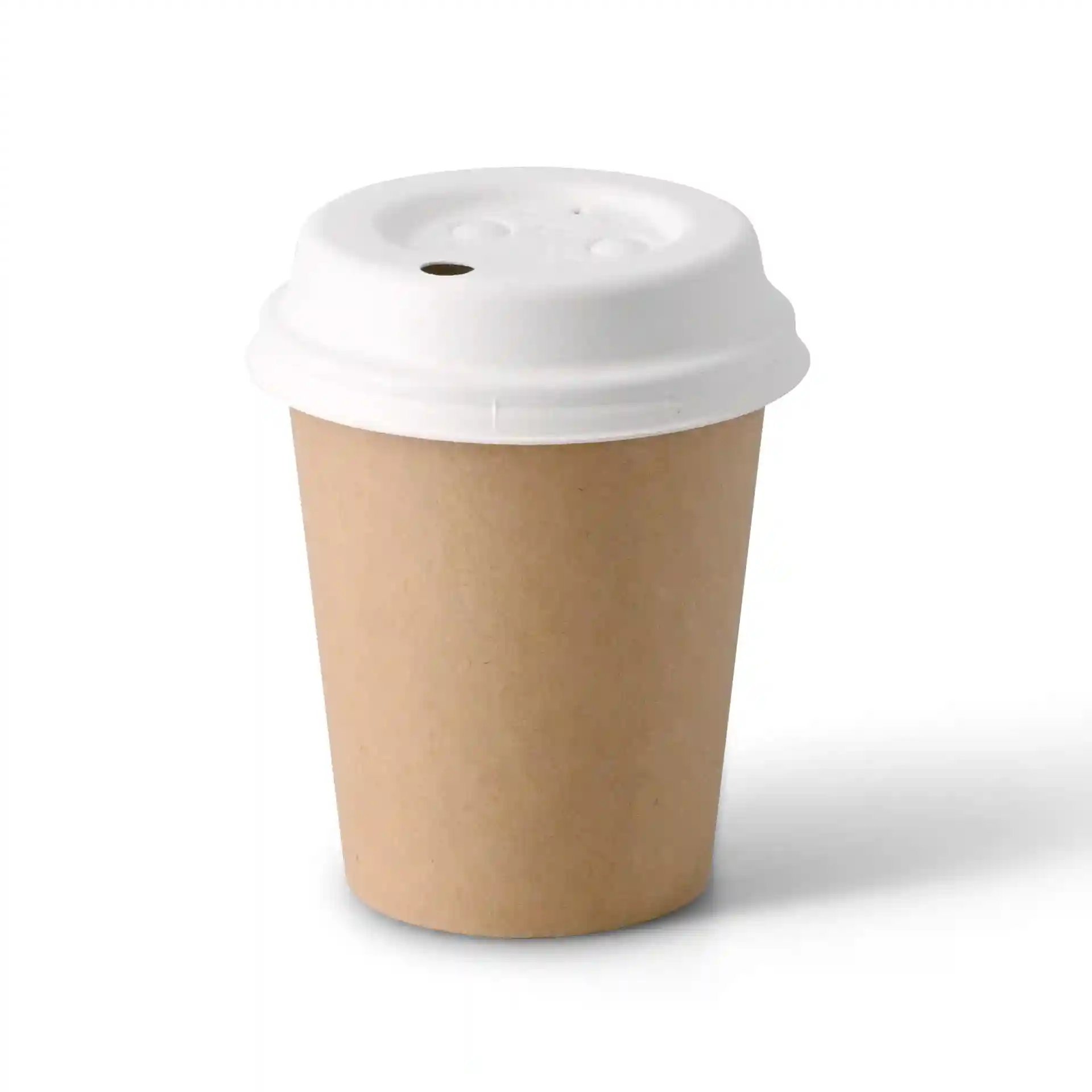 Brown paper cup with a white lid, single wall, 200 ml capacity, and a diameter of 80 mm.