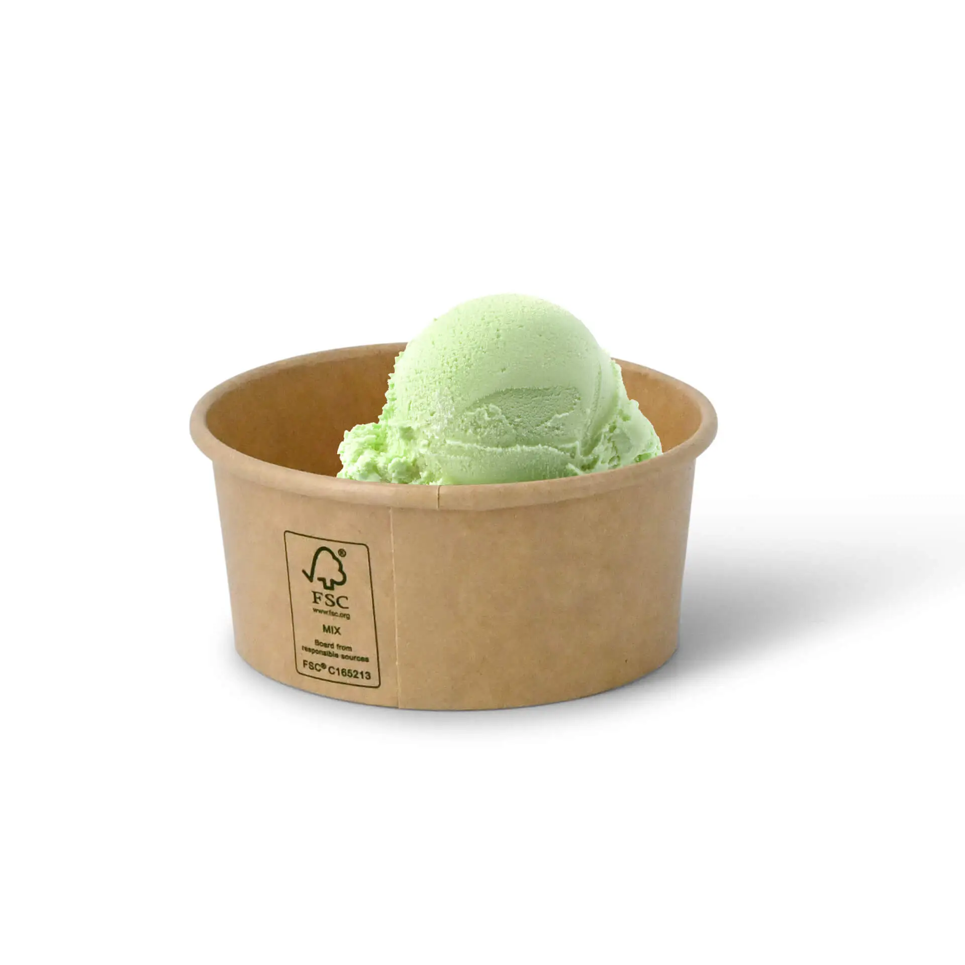 Brown paper ice cream cup with a round shape containing a scoop of light green ice cream.