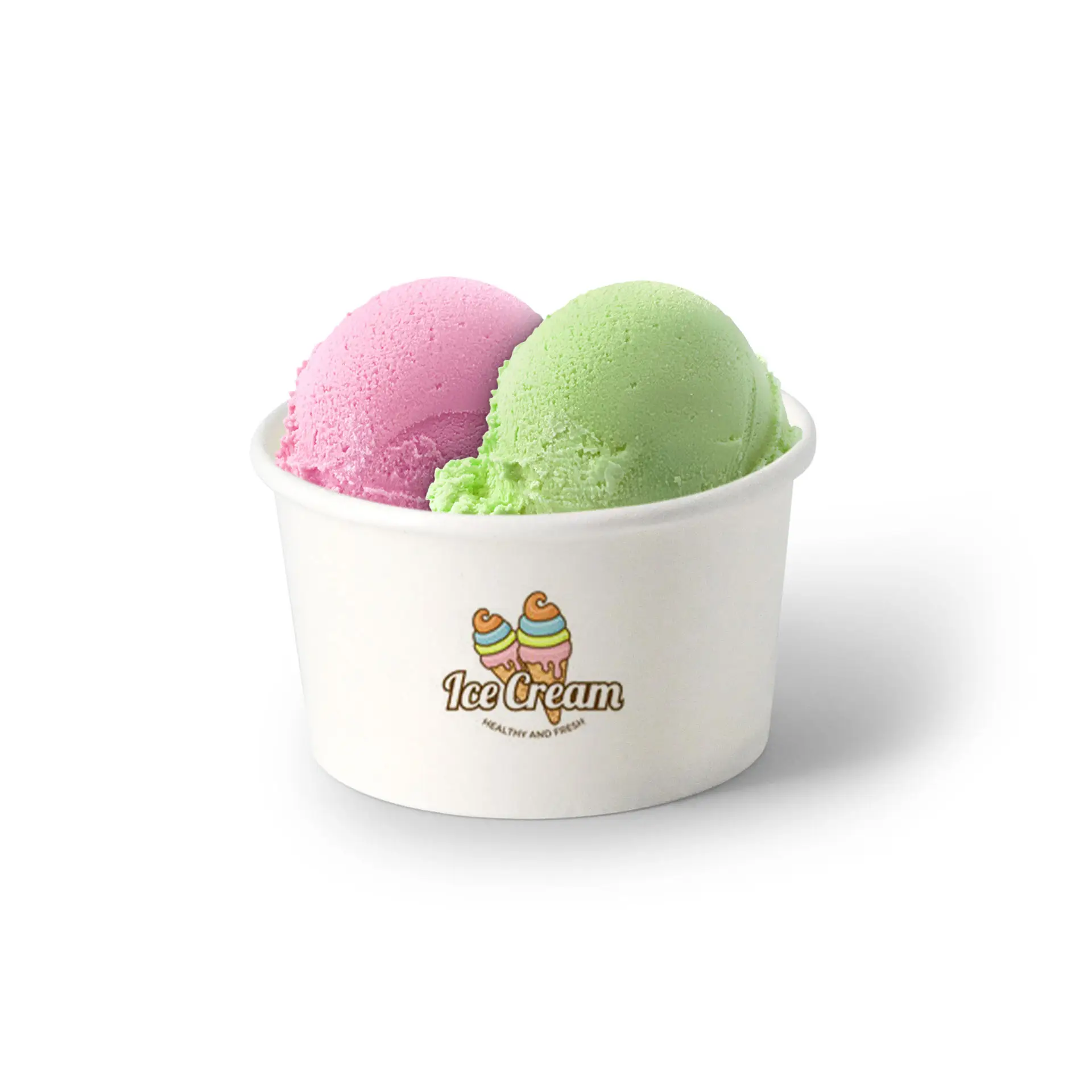 Custom printed ice cream cup with pink and green ice cream scoops; cup displays an ice cream logo.