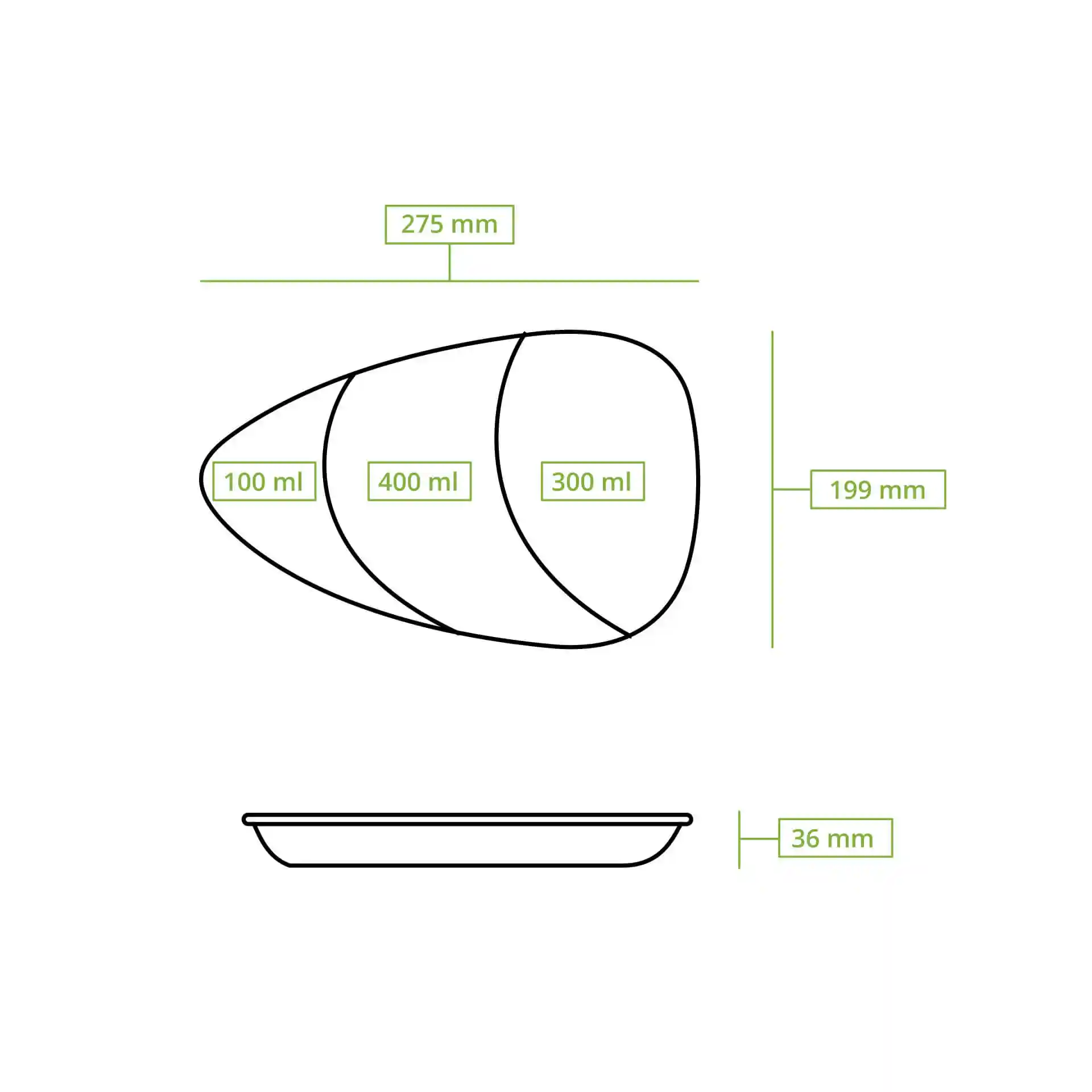 Schematic drawing of a three-compartment plate with dimensions 275 mm by 199 mm and height 36 mm.