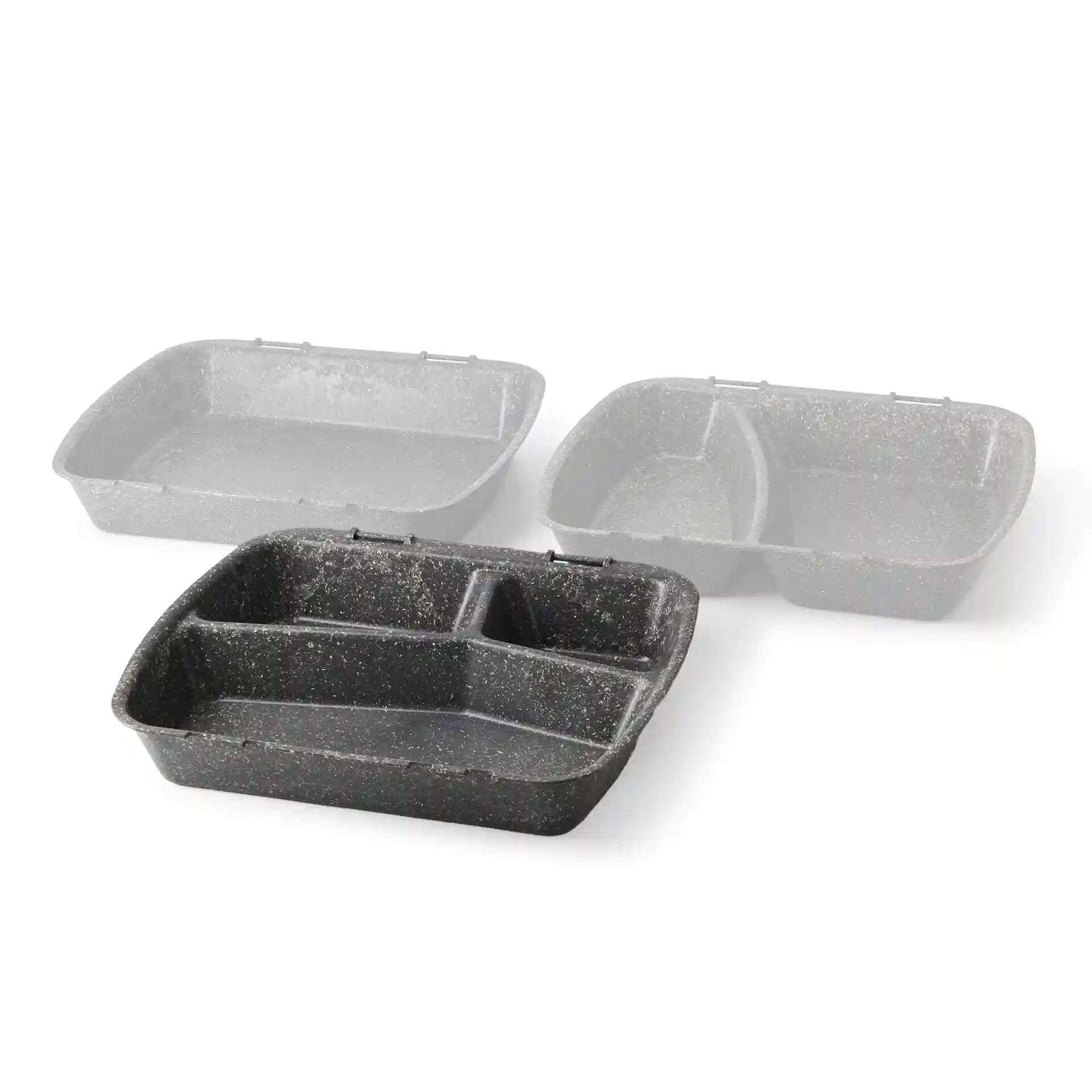 Three reusable meal containers in grey, one with three compartments, on a white background.