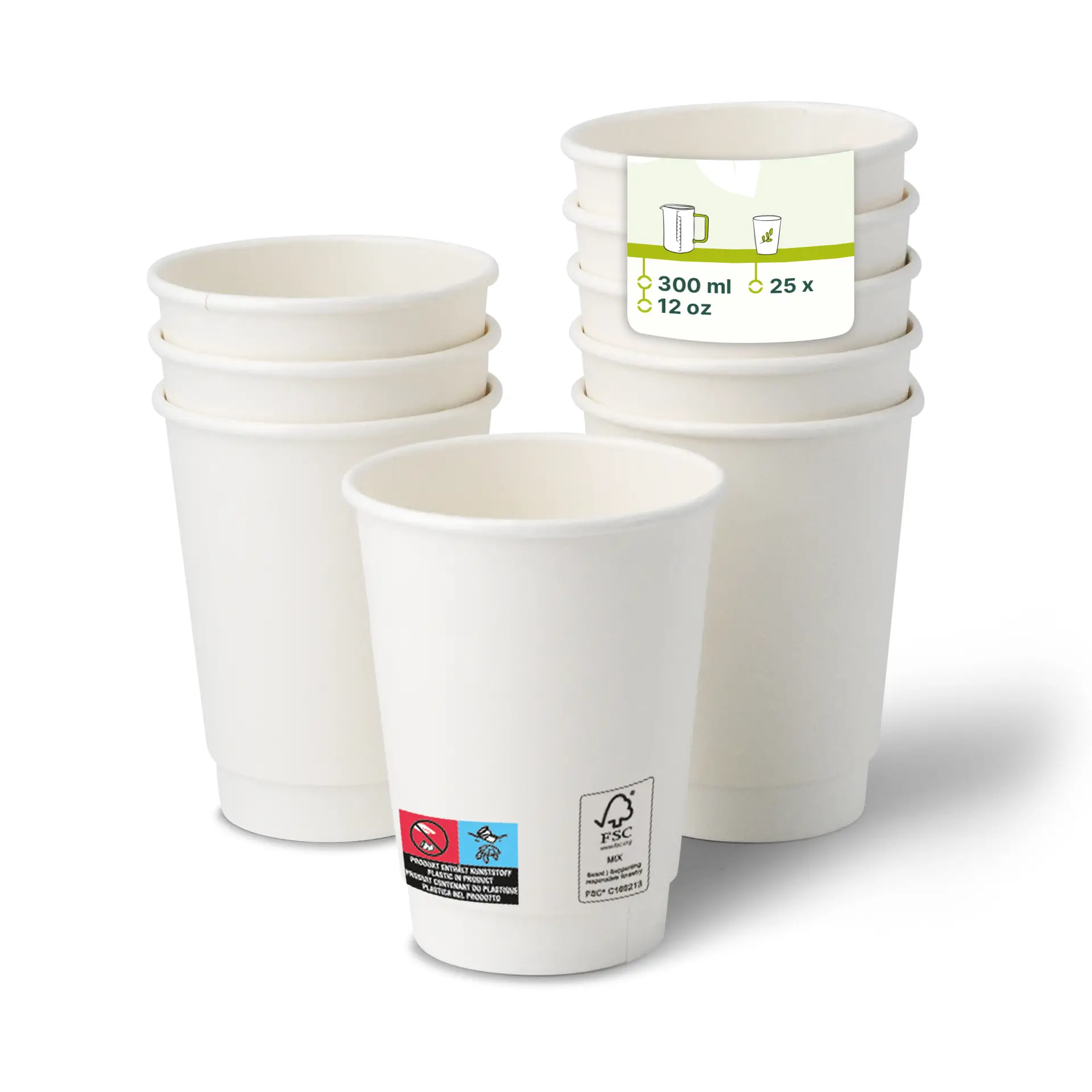 One white double-walled take away coffee cup with a label; several similar cups stacked behind with reduced opacity.