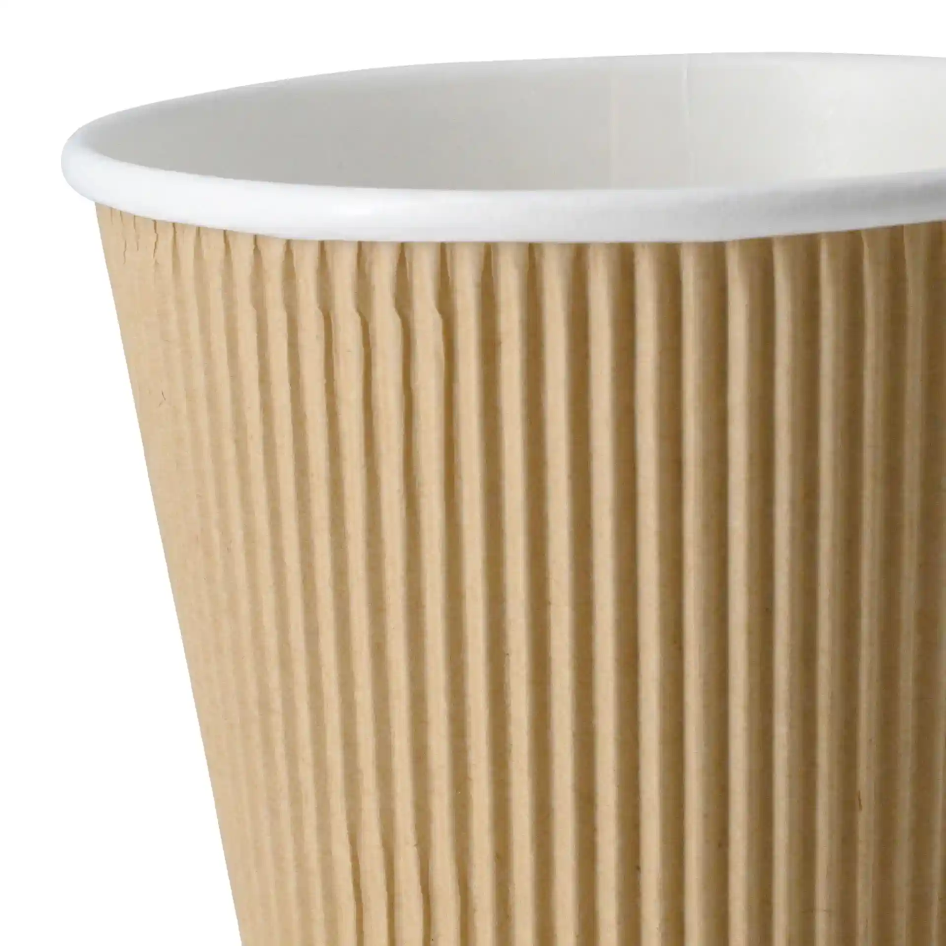 Brown ribbed cardboard soup cup with a white interior, measuring 115 mm in diameter at the top.