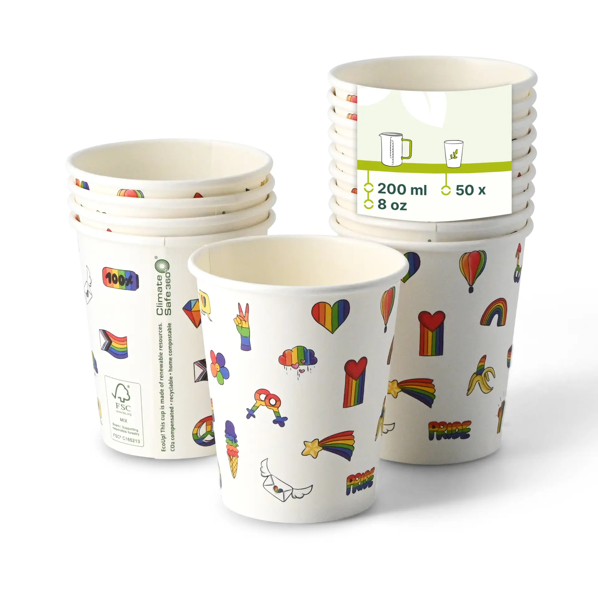 8 oz Paper cup printed with "Pride", Ø 80 mm, white dhd045571-pappbecher-bedruckt-pride-200-ml-8-oz-80-mm-weiss