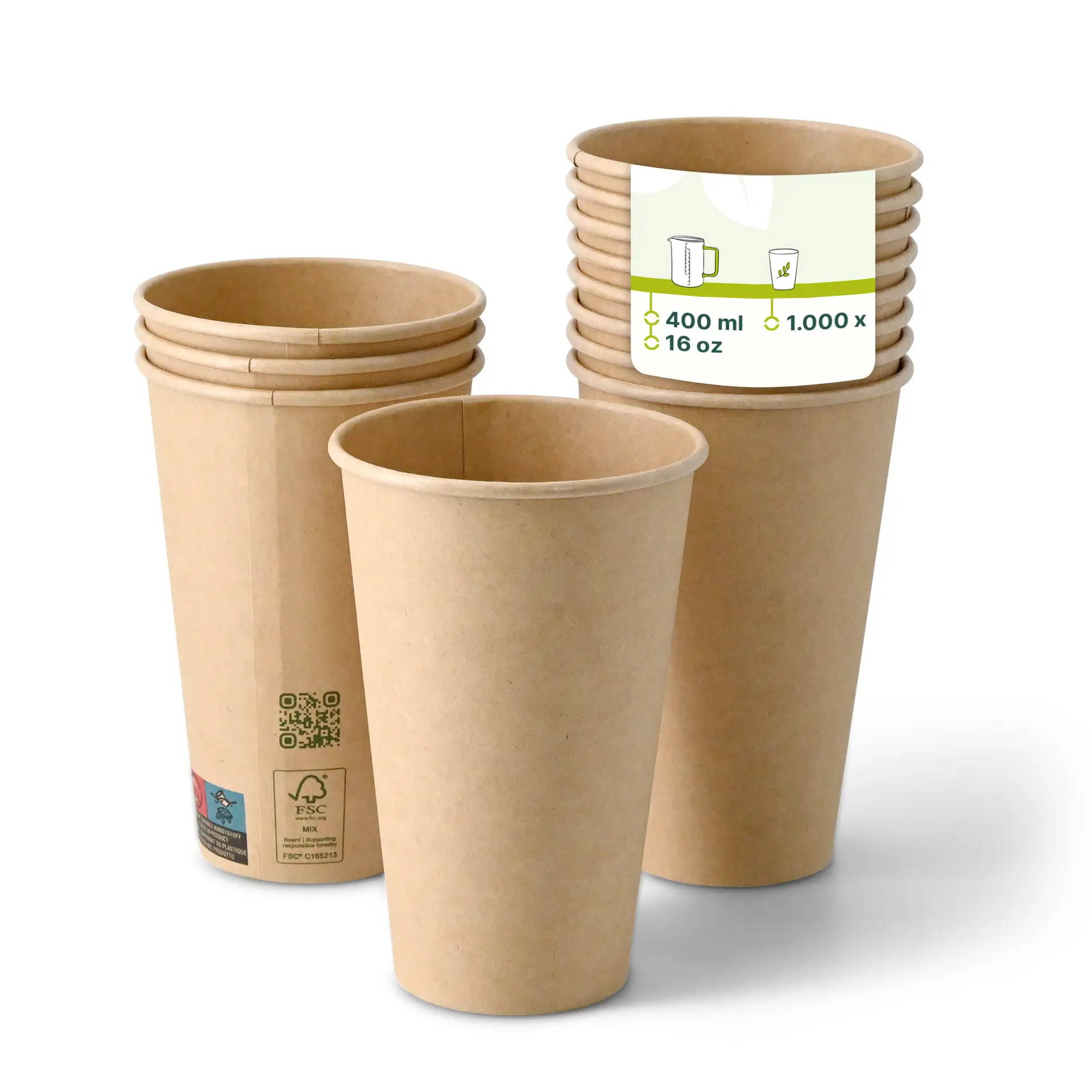 Brown paper cups stacked, single wall, 400 ml capacity, with a label showing dimensions and quantity.