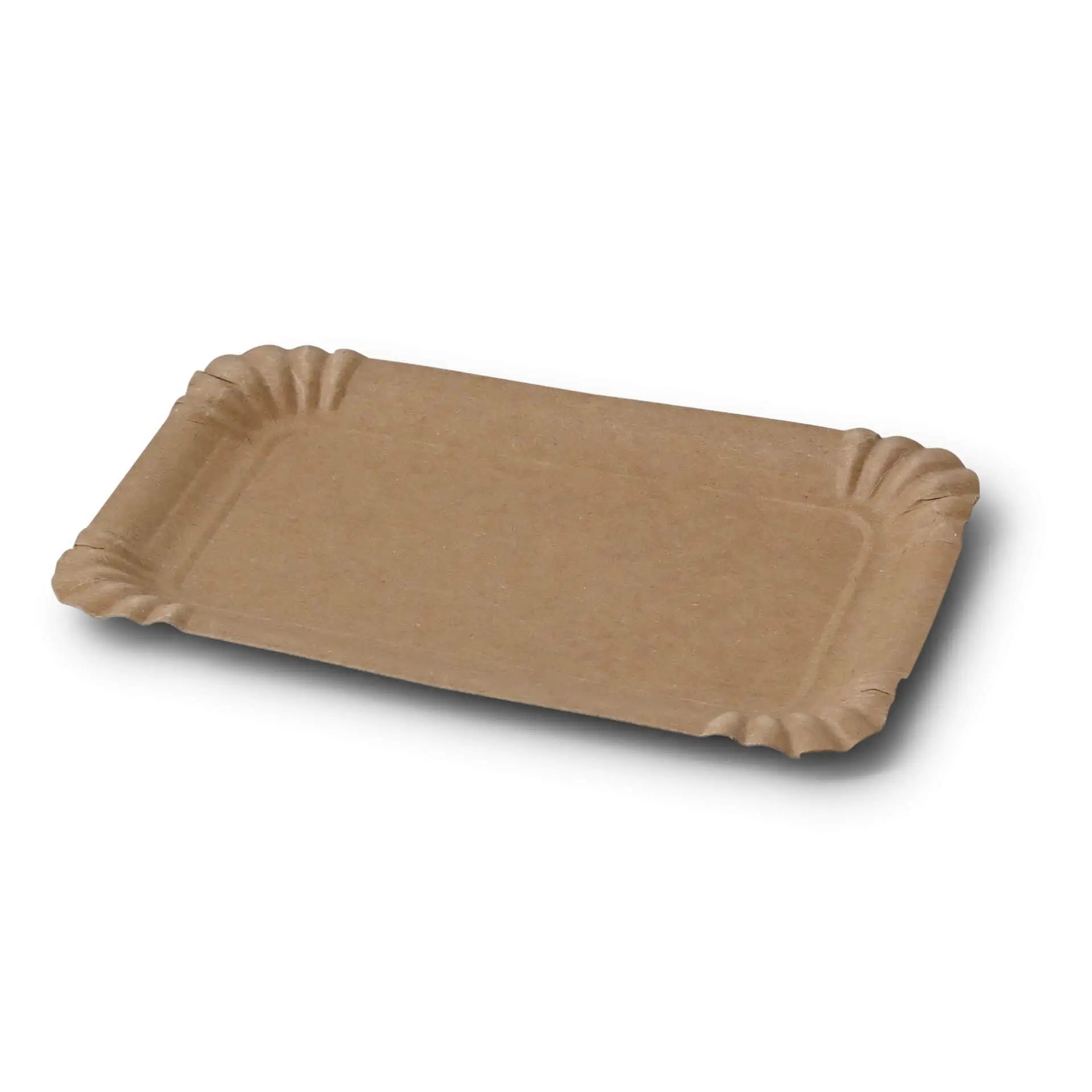 Brown rectangular cardboard plate measuring 10 x 16 cm with fluted edges and no coating.